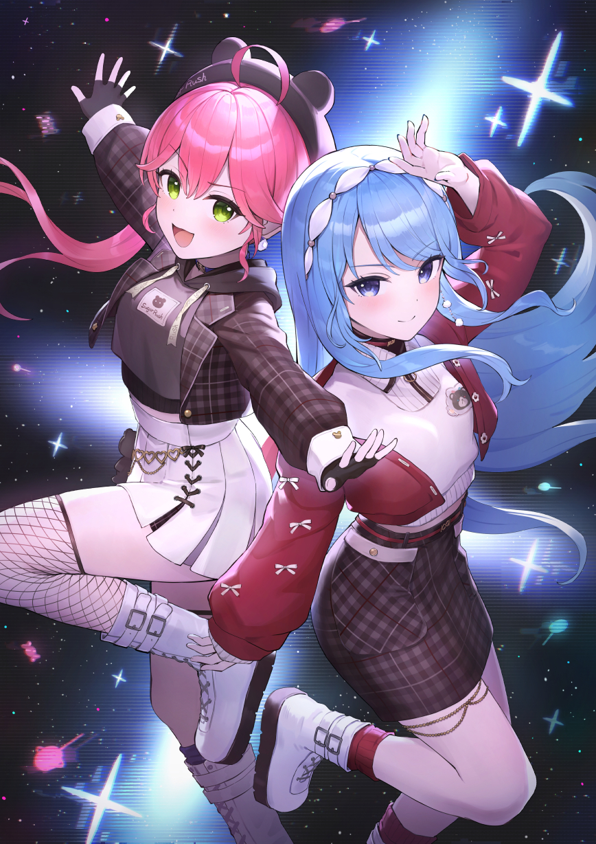 mimihachi, hoshimachi suisei, hoshimachi suisei (micomet), sakura miko, sakura miko (micomet), hololive, highres, 2girls, arm up, black gloves, black hat, black hoodie, blue eyes, blue hair, blush, boots, brown jacket, brown skirt, cardigan, choker, closed mouth, colored shoe soles, cropped hoodie, cropped jacket, earrings, fingerless gloves, fishnet thighhighs, fishnets, gloves, green eyes, hair between eyes, hairband, hat, hood, hoodie, jacket, jewelry, knee boots, long hair, long sleeves, miniskirt, multiple girls, official alternate costume, official alternate hairstyle, open mouth, pencil skirt, pink hair, plaid clothes, plaid jacket, plaid skirt, pleated skirt, pom pom (clothes), pom pom earrings, puffy long sleeves, puffy sleeves, red cardigan, red socks, shirt, sidelocks, single thighhigh, skirt, sleeve cuffs, smile, socks, sweater, swept bangs, thighhighs, virtual youtuber, white boots, white hairband, white skirt, white sweater