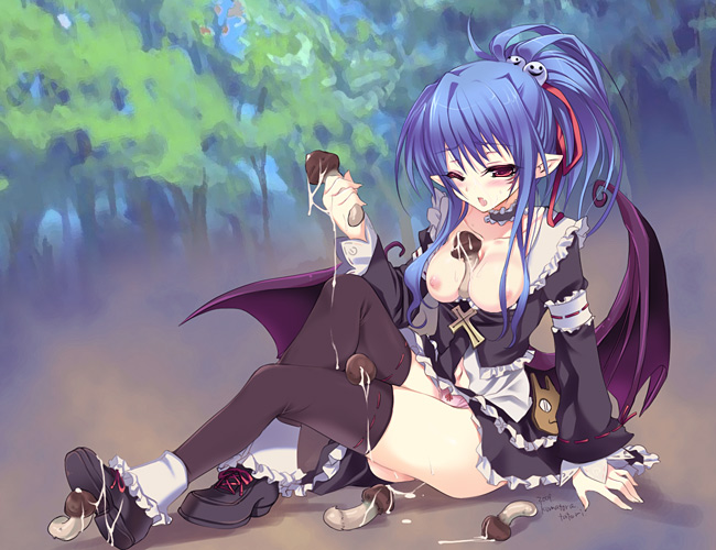 kumatora tatsumi, alwen, alwen du moonbria, original, zwei!!, zwei 2, 1girl, bat wings, blue hair, breasts, demon girl, full body, hair ribbon, medium breasts, mushroom, panties, pink panties, pointy ears, red eyes, ribbon, sexually suggestive, suggestive fluid, thighhighs, underwear, wings, zettai ryouiki