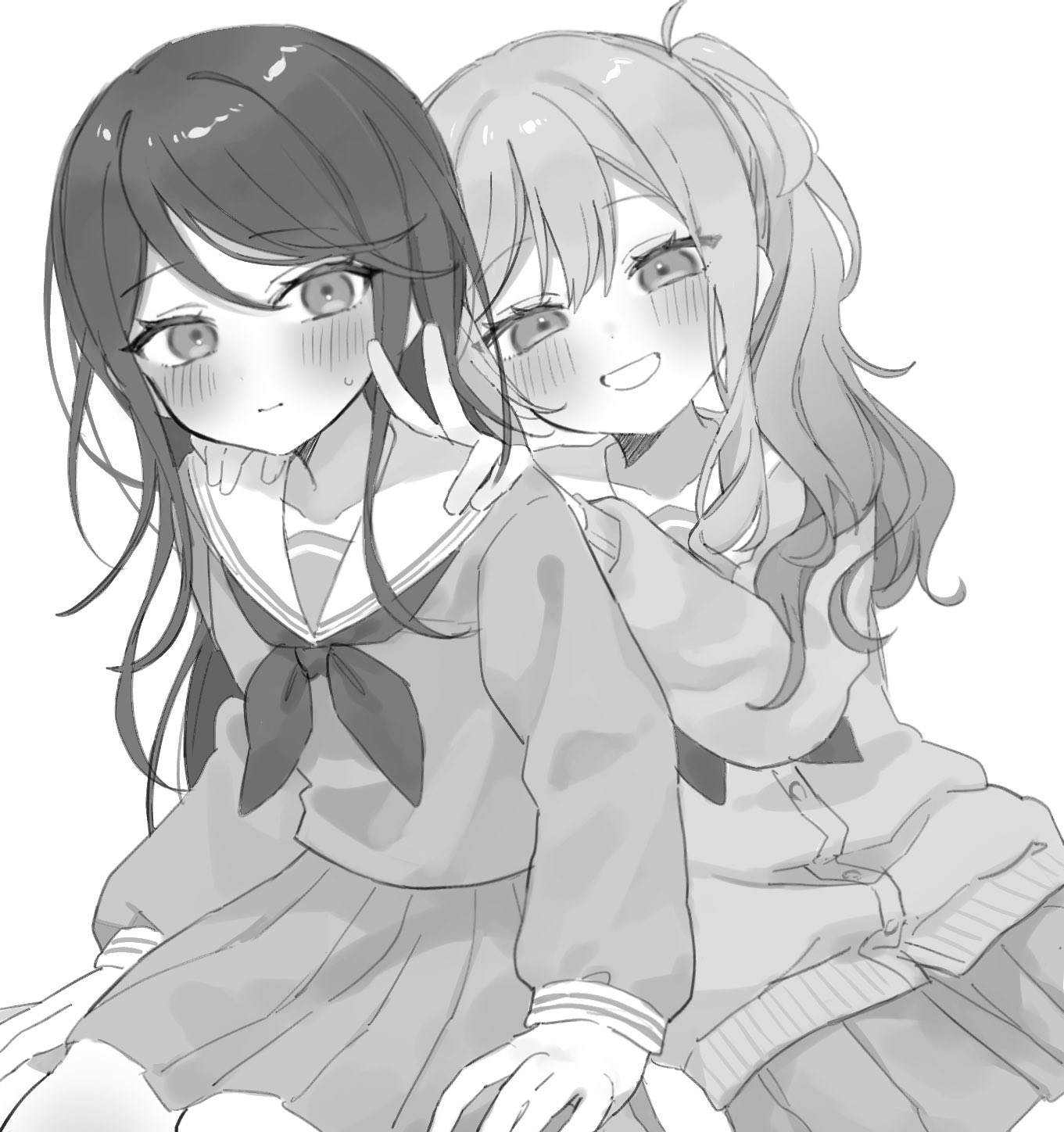 mu ri003, hoshino ichika (project sekai), tenma saki, project sekai, highres, 2girls, blush, dot nose, greyscale, leaning on person, long hair, long sleeves, looking at viewer, miyamasuzaka girls' academy school uniform, monochrome, multiple girls, neckerchief, pleated skirt, sailor collar, school uniform, serafuku, simple background, skirt, smile, speech bubble, sweatdrop, twintails, v, white background