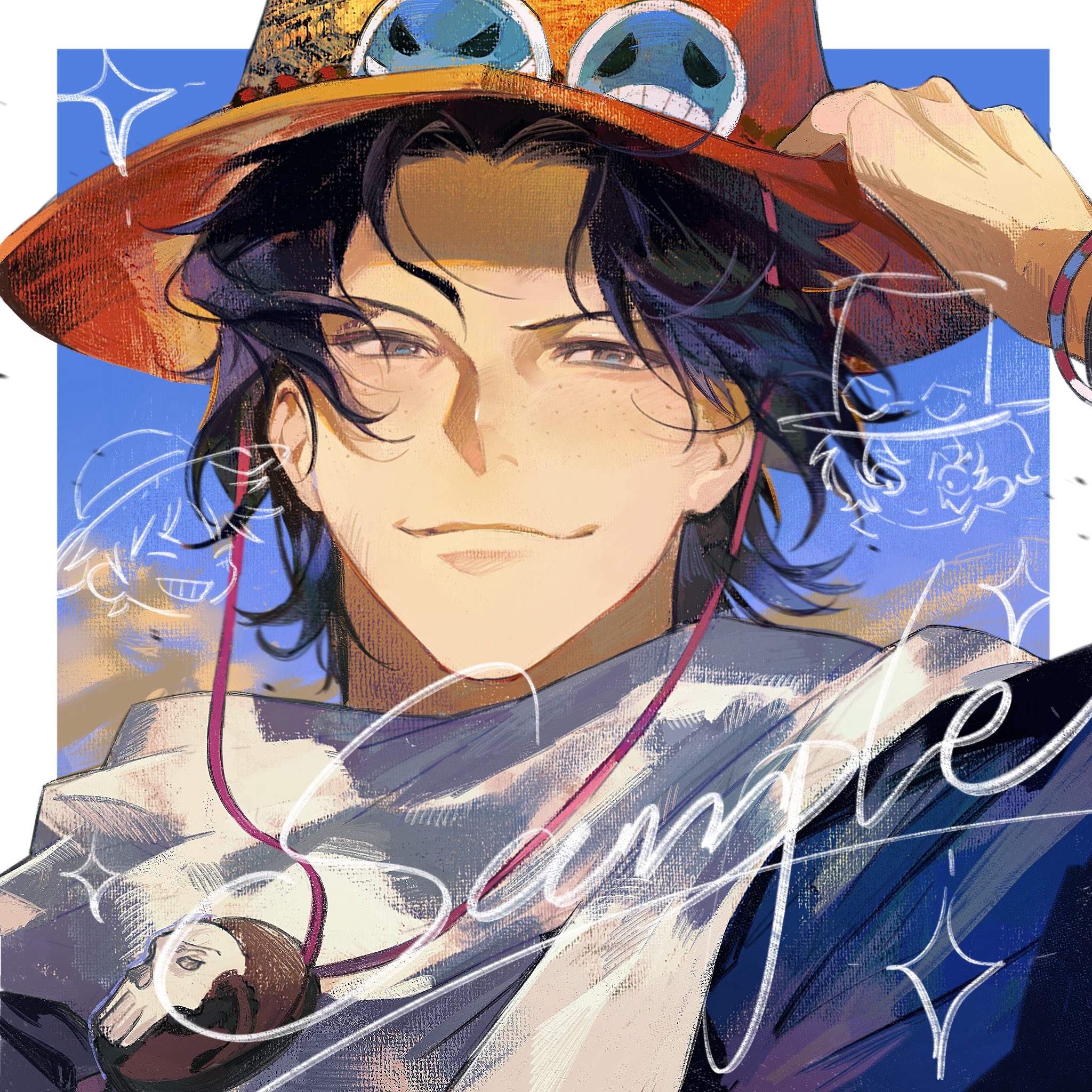 lucis0407, monkey d. luffy, portgas d. ace, sabo (one piece), one piece, hashtag-only commentary, highres, 1boy, black hair, blue sky, bracelet, close-up, closed mouth, freckles, hat, jewelry, looking to the side, male focus, orange hat, scarf, short hair, sky, smile