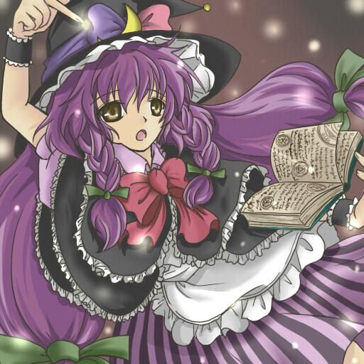 yoshino naika, kirisame marisa, patchouli knowledge, touhou, 1girl, book, braid, crescent hat ornament, female focus, hat, hat ornament, if they mated, long hair, purple hair, ribbon, solo, twin braids, witch, witch hat, yellow eyes
