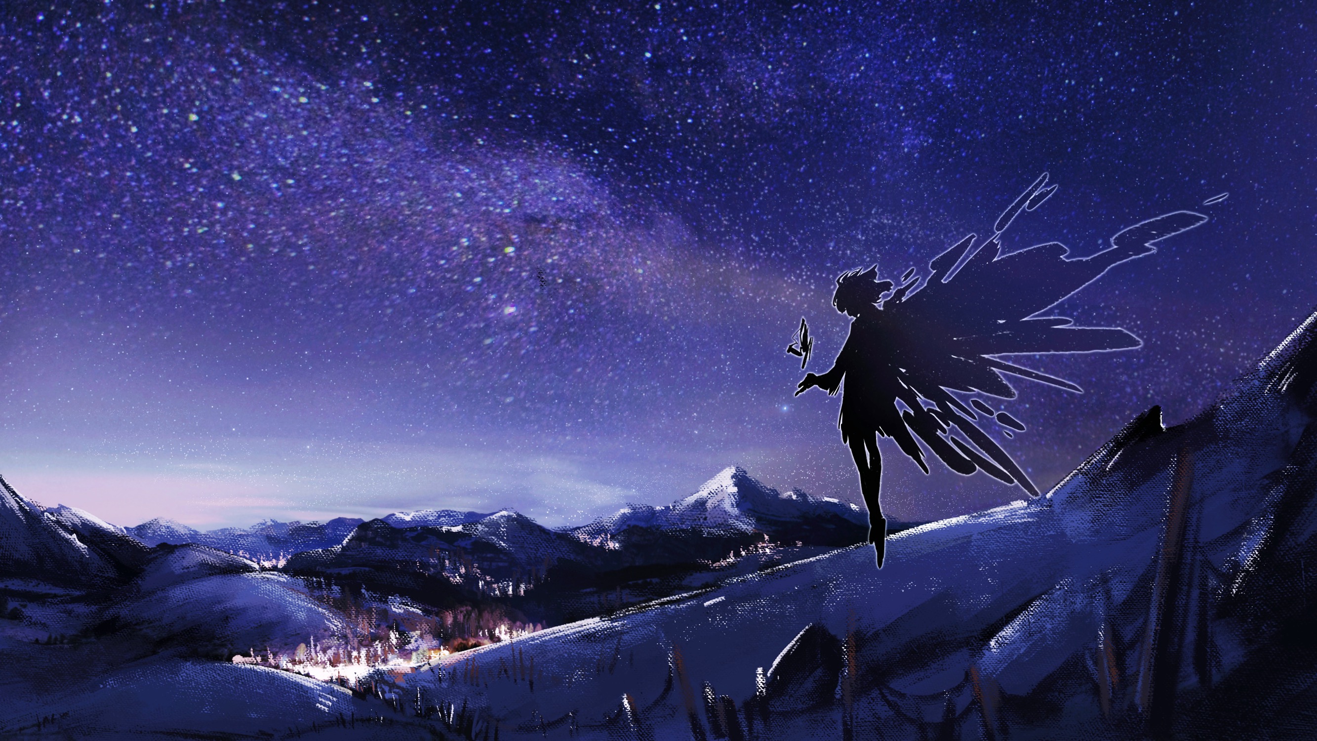 anz1105, kjera (arknights), arknights, chinese commentary, highres, 1girl, animal ears, bird ears, bird girl, cloak, dress, floating cape, from side, full body, mountain, night, night sky, object floating above hand, outdoors, profile, scenery, short hair, silhouette, sky, snow, solo, standing, star (sky), starry sky, town