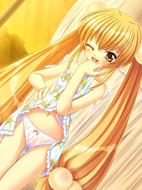 saitou tsukasa, kokonoe rin, kodomo no jikan, naisho no jikan, game cg, non-web source, 00s, 1girl, blonde hair, blush, bow, bow panties, brown eyes, cameltoe, clothes lift, dress, dress lift, female focus, flat chest, gluteal fold, hair between eyes, hair bobbles, hair ornament, imageboard desourced, lifting own clothes, loli, long hair, navel, nipples, one eye closed, panties, see-through clothes, solo, sphere hair ornament, thigh gap, thighs, twintails, underwear, very long hair, wink