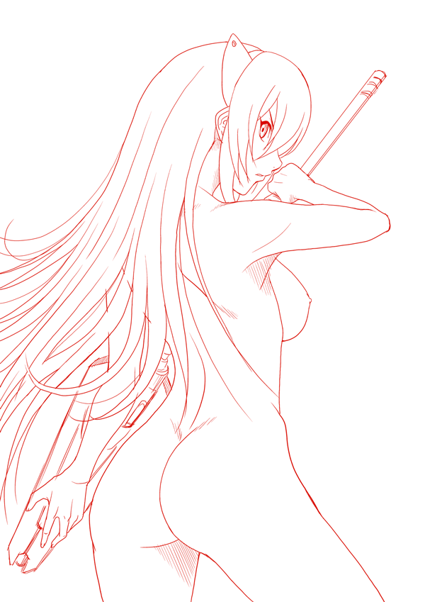 misnon the great, fatina, fatina (druaga), babylonian castle saga, bandai namco, druaga no tou, 1girl, ass, breasts, female focus, from behind, hairband, holding, holding weapon, lance, long hair, looking at viewer, looking back, medium breasts, monochrome, nipples, nude, polearm, red theme, simple background, solo, very long hair, weapon, white background