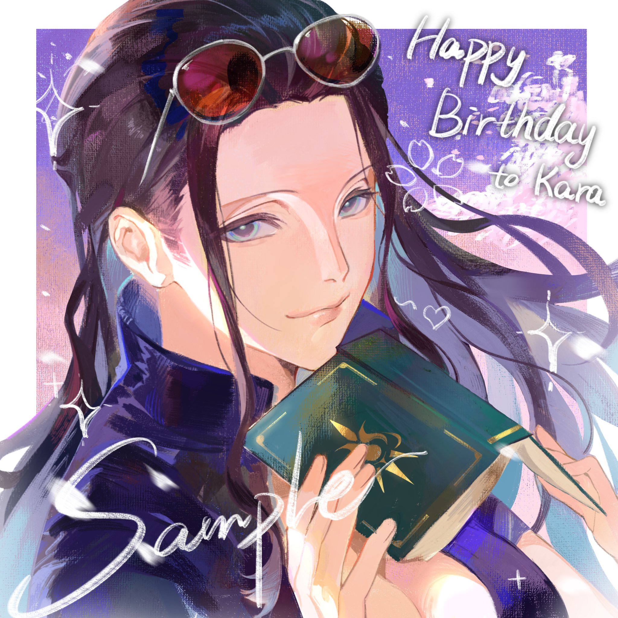 lucis0407, nico robin, one piece, highres, 1girl, black hair, blue eyes, blue shirt, book, eyewear on head, hair slicked back, happy birthday, heart, high collar, holding, holding book, long hair, looking at viewer, petals, shirt, smile, sparkle