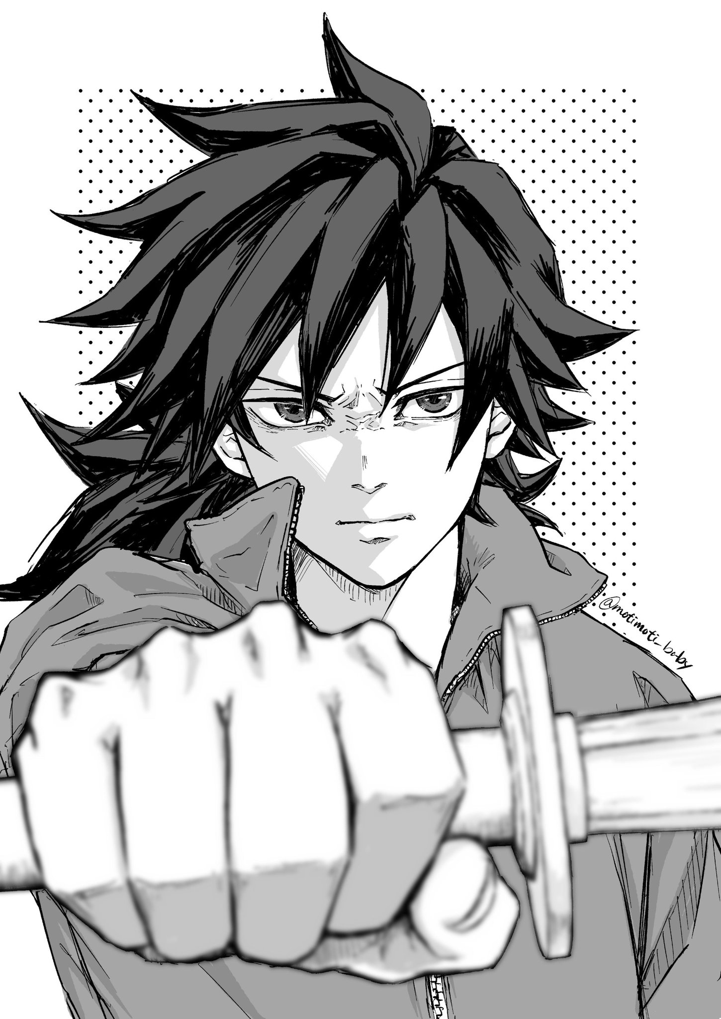 tomioka giyuu, kimetsu no yaiba, highres, 1boy, alternate costume, closed mouth, greyscale, hair between eyes, holding, holding sword, holding weapon, jacket, long hair, looking at viewer, low ponytail, male focus, monochrome, motimoti baby, ponytail, serious, solo, spiked hair, sword, twitter username, upper body, v-shaped eyebrows, weapon