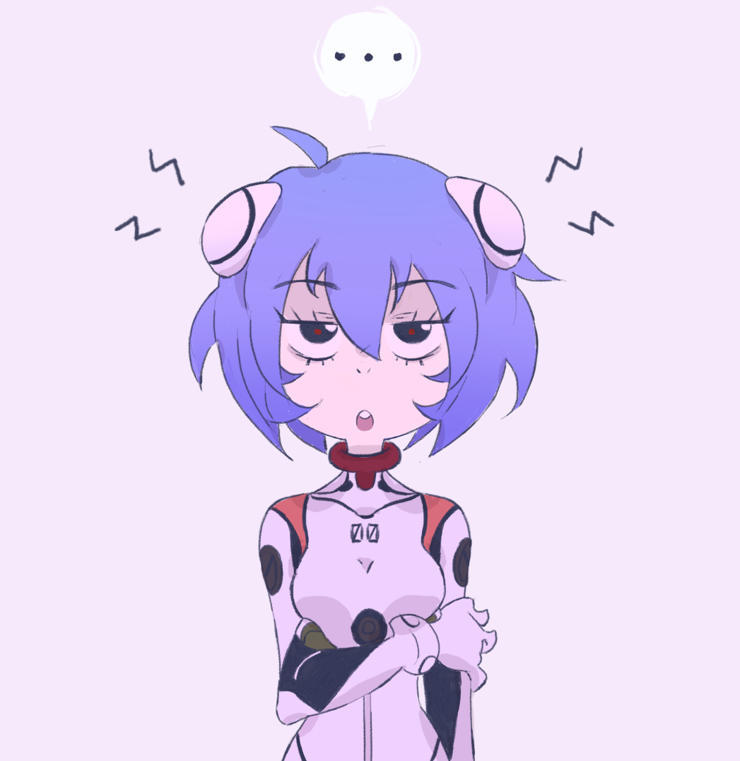 wishpetal, ayanami rei, neon genesis evangelion, commentary, …, 1girl, ahoge, blue hair, bodysuit, interface headset (evangelion), looking at viewer, mecha pilot suit, open mouth, plugsuit (evangelion), short hair, solo, spoken ellipsis, teeth, upper body, upper teeth only, white bodysuit