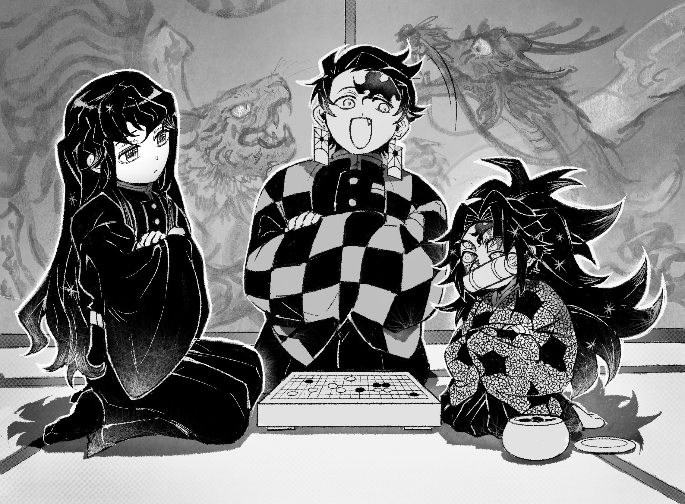 kkyingdd, kamado tanjirou, kokushibou, tokitou muichirou, kimetsu no yaiba, highres, 3boys, board game, checkered haori, closed mouth, crossed arms, demon slayer uniform, extra eyes, full body, greyscale, hakama, haori, indoors, japanese clothes, kimono, long hair, looking at another, male focus, monochrome, mouth hold, multiple boys, open mouth, short hair, sitting, smile, spiked hair, very long hair, wide sleeves