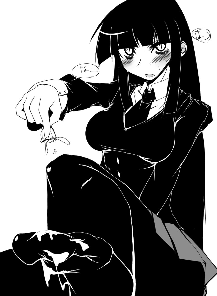 female protagonist (houkago play), houkago play, highres, 1girl, black hair, feet, female focus, greyscale, long hair, monochrome, pantyhose, solo, very long hair