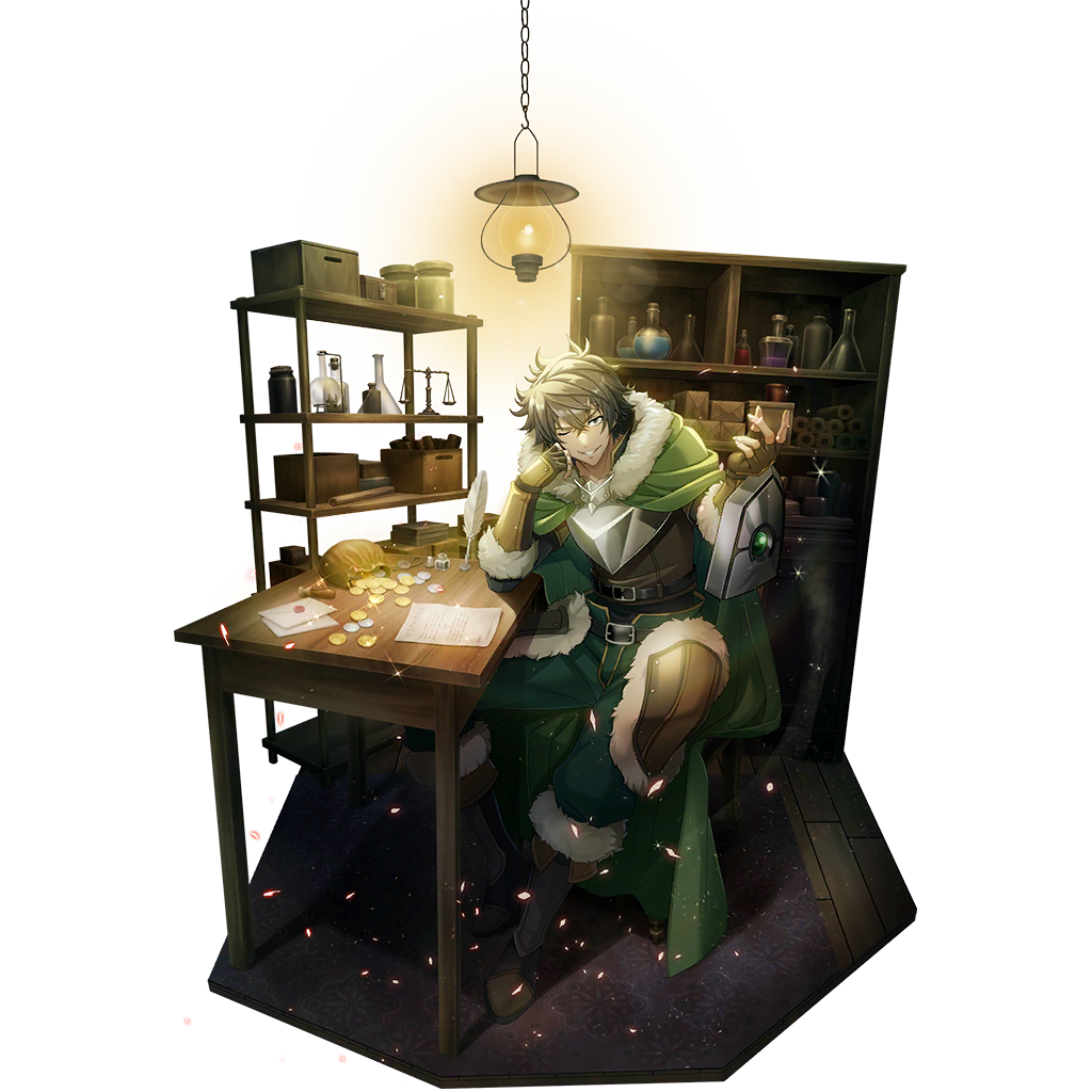 silver coin, iwatani naofumi, tate no yuusha no nariagari, tate no yuusha no nariagari rerise, artist request, game cg, official art, 1boy, ankle boots, arm shield, armor, armored gloves, belt, black belt, black hair, black shirt, boots, bottle, box, breastplate, brown armor, brown boots, brown gloves, brown shirt, cabinet, chair, cloak, coin, collared shirt, elbow gloves, fingerless gloves, full body, fur-trimmed armor, fur-trimmed boots, fur-trimmed gloves, fur-trimmed hood, fur trim, gloves, gold coin, green cloak, green eyes, green pants, grin, hand up, hanging lantern, head on hand, high collar, hood, hood down, hooded cloak, indoors, inkwell, jar, knees apart feet together, layered shirt, leather armor, legendary shield (small shield) (tate no yuusha no nariagari), legendary shield (tate no yuusha no nariagari), letter, light particles, light rays, long sleeves, looking at viewer, male focus, messy hair, money bag, multiple belts, on chair, one eye closed, open mouth, pants, potion, pouch, quill, rug, scroll, shirt, short hair, short sleeves, sitting, smile, solo, sparkle, table, tassets, vial, wooden floor, wooden table