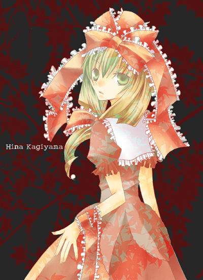 kagiyama hina, touhou, 1girl, bow, character name, dress, female focus, frills, front ponytail, green eyes, green hair, matching hair/eyes, ribbon, solo