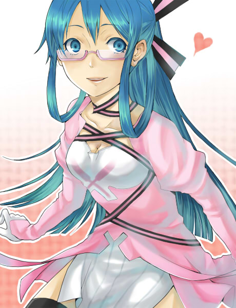teketo, komaki midori, devil survivor (series), devil survivor 1, blue eyes, blue hair, bow, choker, dress, glasses, hair bow, heart, ribbon, solo, thighhighs