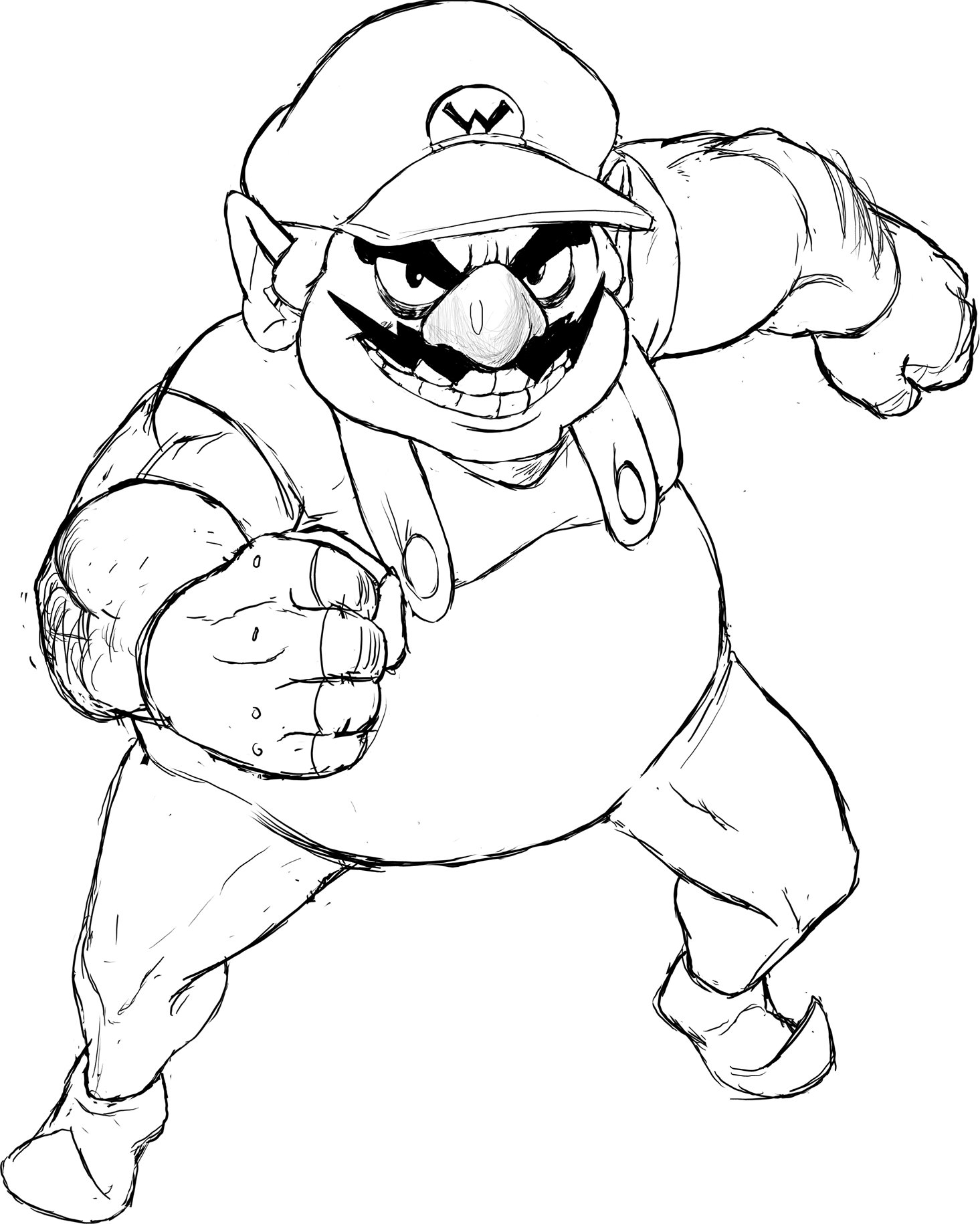 teevo, wario, mario (series), nintendo, facial hair, fat, fingerless gloves, gloves, hat, large nose, muscular, muscular male, mustache, overalls, pointy ears, pointy shoes, shoes, sketch
