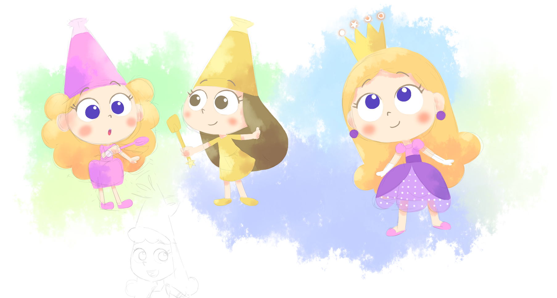 yamanokonza, stella (trulli tales), sun (trulli tales), trulli tales, 2girls, blonde hair, blue background, blue eyes, blush, brown eyes, brown hair, chibi, crown, curly hair, dress, earrings, gloves, green background, hat, holding, holding spatula, holding wand, jewelry, long hair, looking up, multiple girls, multiple views, pink shoes, puffy sleeves, purple dress, shoes, short sleeves, smile, spatula, standing, star (symbol), wand, white background, white gloves, yellow dress, yellow hat