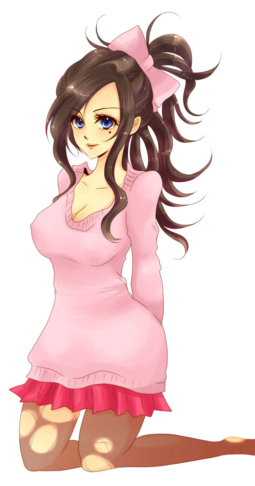 icomemo, deborah (dq5), dragon quest, dragon quest v, 1girl, barefoot, blue eyes, blush, bow, breasts, brown hair, cleavage, female focus, hair bow, hair up, large breasts, mole, mole under eye, pantyhose, pink theme, solo, sweater, torn clothes, torn pantyhose