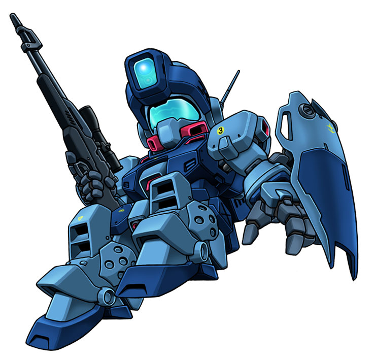noah (pixiv 130665), noah noah, gm (mobile suit), gm sniper ii, gundam, gundam 0080, 1980s (style), chibi, gun, mecha, mecha focus, no humans, oldschool, retro artstyle, rifle, robot, shield, simple background, sniper rifle, solo, weapon
