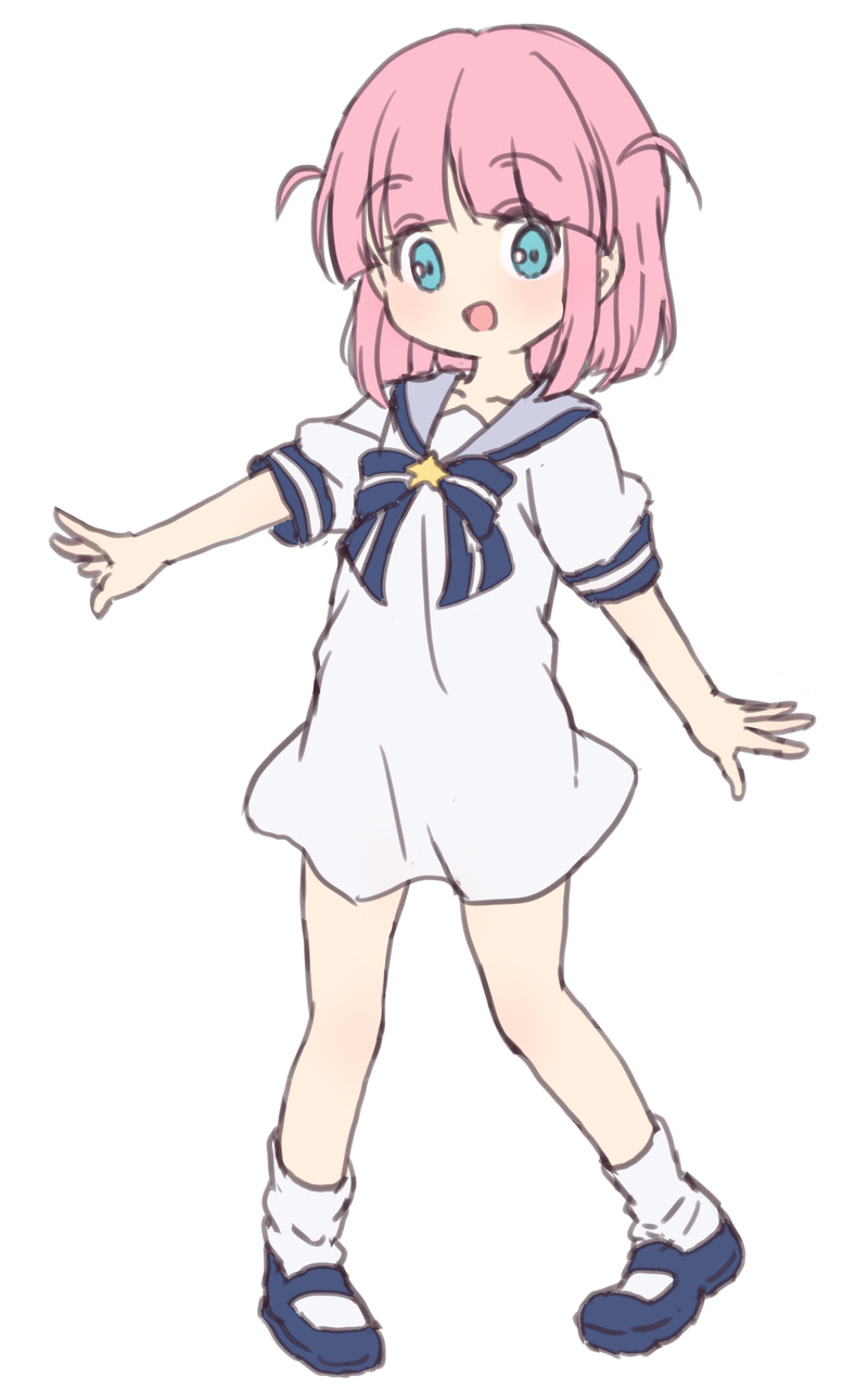 mel (melty pot), gotoh futari, bocchi the rock!, highres, 1girl, ankle socks, blue bow, blue bowtie, blue eyes, blue shoes, blunt bangs, blush, bow, bowtie, dress, full body, looking at viewer, outstretched arm, pink hair, sailor dress, shoes, simple background, single sidelock, socks, solo, standing, stomach, toes, uwabaki, white background, white socks