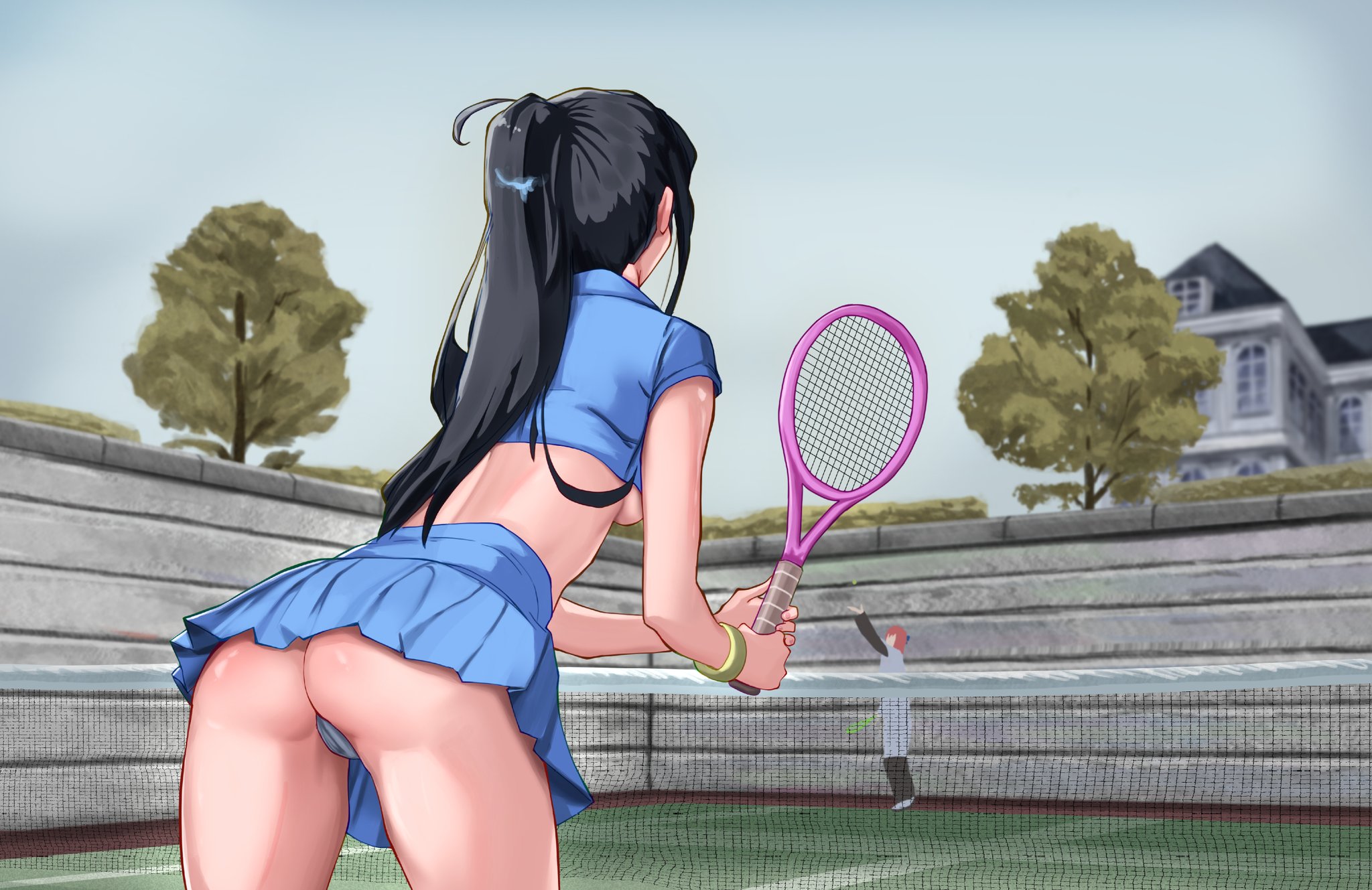meruru1247, kohaku (tsukihime), tohno akiha, tsukihime, type-moon, commentary, english commentary, 2girls, black hair, blue shirt, blue skirt, building, multiple girls, panties, ponytail, racket, revealing clothes, shirt, skirt, sportswear, tennis, tennis court, tennis racket, tennis uniform, tohno manor, tree, underwear, upskirt