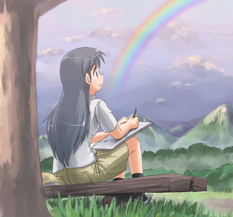 tanada-bon, kajiwara sora, sketchbook full colors, drawing, 00s, bench, blue eyes, blue hair, casual, cloud, long hair, nature, rainbow, shorts, sketchbook, solo