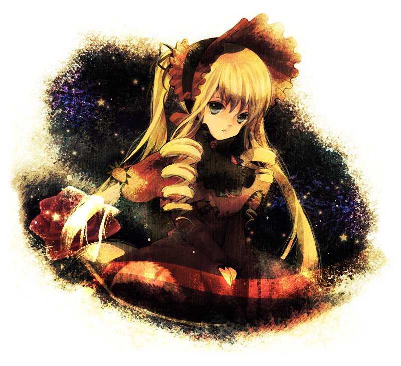 nire, nire (scissors), shinku, rozen maiden, bad id, bad pixiv id, 00s, 1girl, blonde hair, blue eyes, bonnet, dress, drill hair, female focus, hair ribbon, long hair, ribbon, solo, twintails
