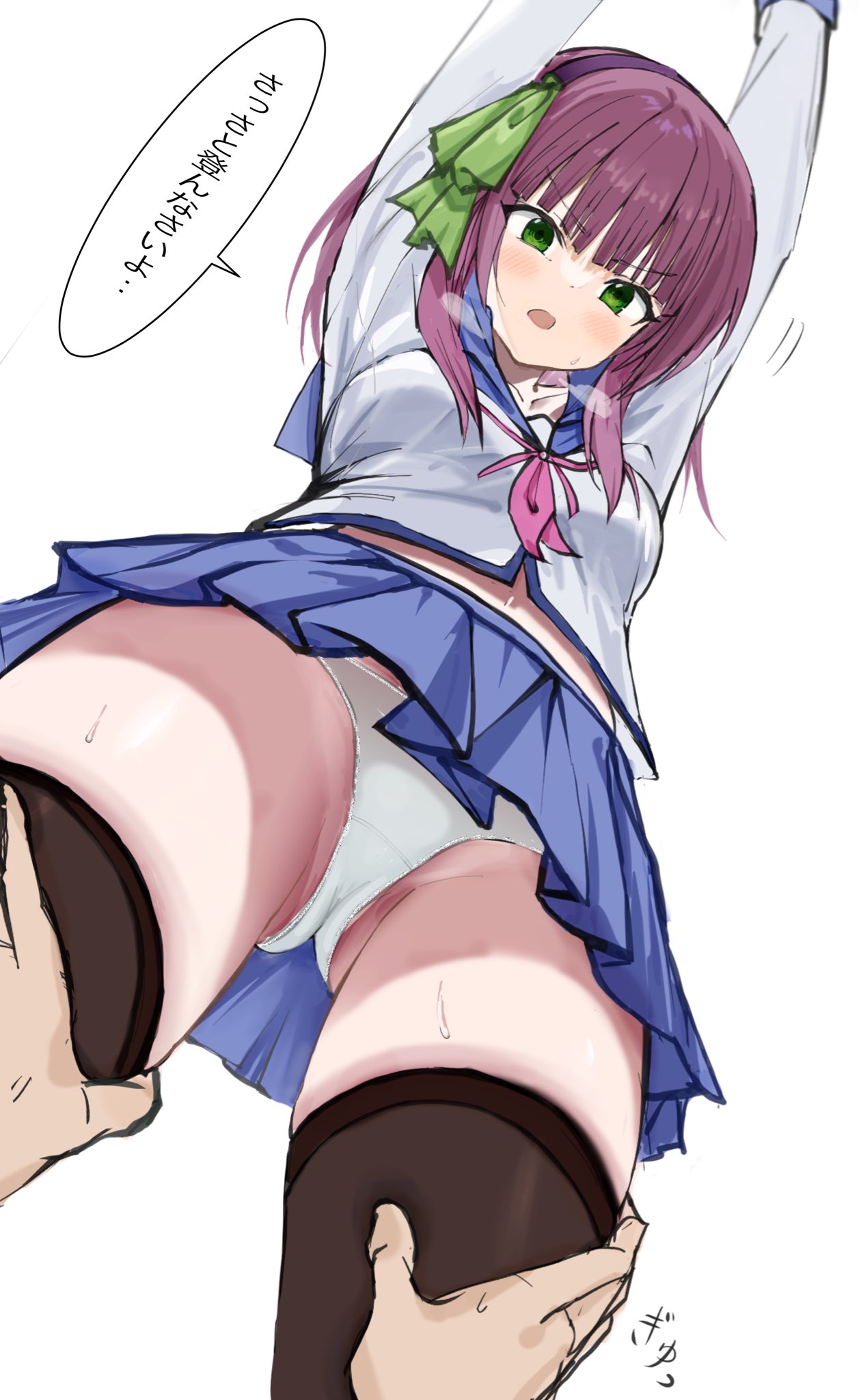 zenoo, nakamura yuri, angel beats!, highres, translation request, 1girl, ass, black hairband, black thighhighs, blue skirt, blunt bangs, blush, bow, breasts, from below, frown, grabbing another's thighs, green bow, green eyes, hair bow, hairband, hands on own hips, japanese text, long sleeves, looking at viewer, looking down, medium breasts, medium hair, miniskirt, navel, neckerchief, open mouth, panties, pink neckerchief, pleated skirt, pov, purple hair, shinda sekai sensen uniform, shirt, simple background, skirt, speech bubble, stomach, straight hair, thighhighs, thighs, underwear, white background, white panties, white shirt, wide hips