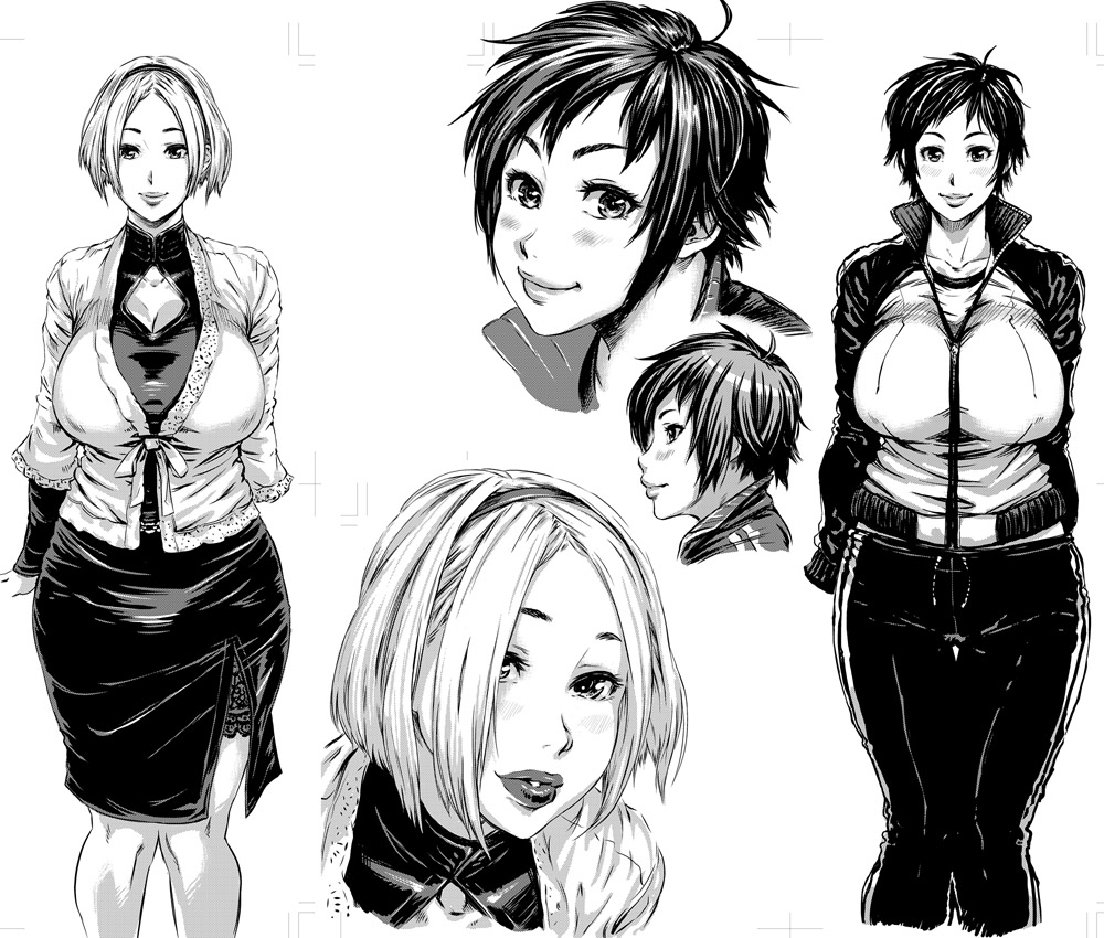 st-retcher, original, 2girls, breasts, curvy, greyscale, hip focus, huge breasts, jacket, lips, monochrome, multiple girls, short hair, wide hips