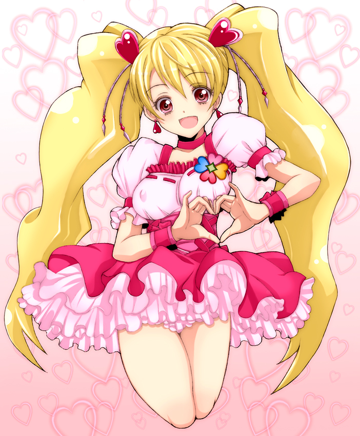 kannagi kaname, cure peach, momozono love, fresh precure!, precure, bad id, bad pixiv id, 00s, 1girl, :d, blonde hair, earrings, eyelashes, female focus, frills, hair ornament, heart, heart hair ornament, heart hands, jewelry, knees, long hair, magical girl, open mouth, red eyes, skirt, smile, solo, twintails