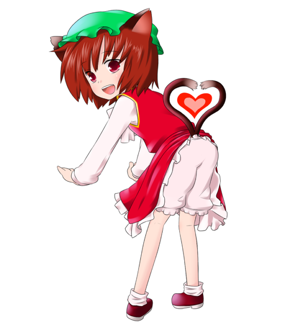 sugu maigo ninaru umumu, umumu (pilcre), chen, touhou, bad id, bad pixiv id, 1girl, animal ears, bloomers, brown hair, cat ears, cat girl, cat tail, female focus, hat, heart, heart tail, red eyes, short hair, solo, tail, underwear