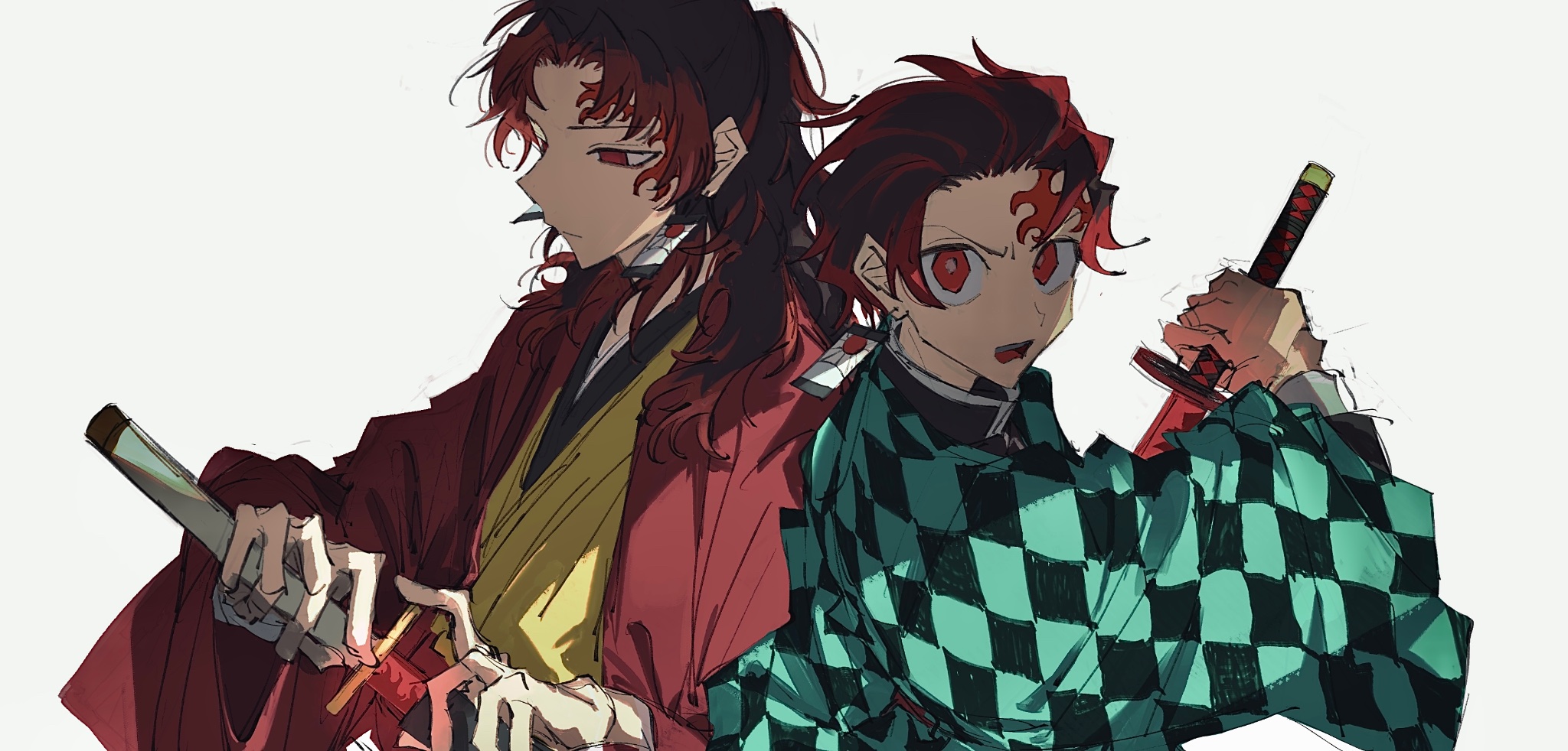 kamado tanjirou, tsugikuni yoriichi, kimetsu no yaiba, highres, 2boys, arm up, checkered haori, earrings, hanafuda earrings, haori, high ponytail, holding, holding sword, holding weapon, japanese clothes, jewelry, katana, kimono, long hair, looking at viewer, male focus, multiple boys, mvksdgvksymgw, open mouth, ponytail, red eyes, red hair, red haori, simple background, sword, teeth, upper teeth only, very long hair, weapon, white background, yellow kimono