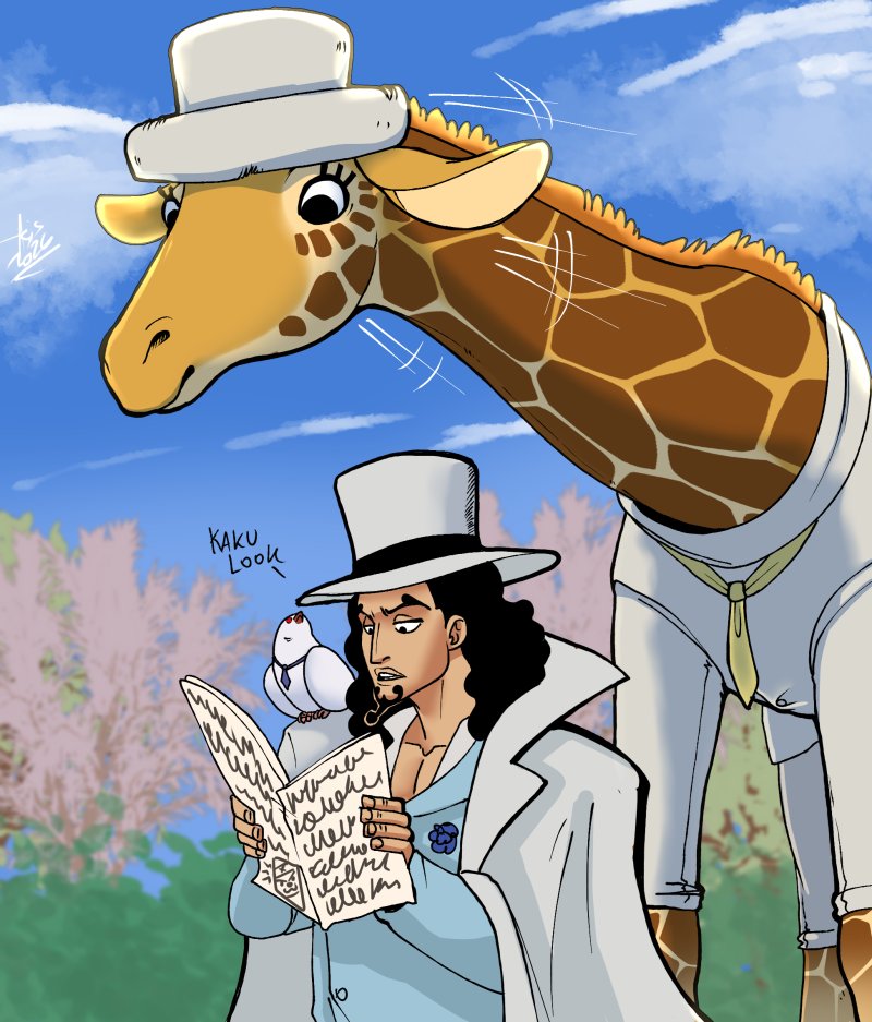 dragonasis, hattori (one piece), kaku (one piece), rob lucci, one piece, commentary, english commentary, +++, 2boys, alternate form, animal, animal on shoulder, bird, bird on shoulder, black hair, english text, facial hair, giraffe, goatee, hat, holding, long hair, multiple boys, necktie, outdoors, signature, white hat
