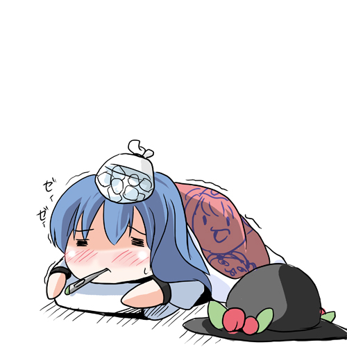 fa no hito, hinanawi tenshi, touhou, lowres, 1girl, blue hair, chibi, female focus, food, fruit, futon, hat, ice pack, peach, sick, solo, thermometer, unworn hat, unworn headwear