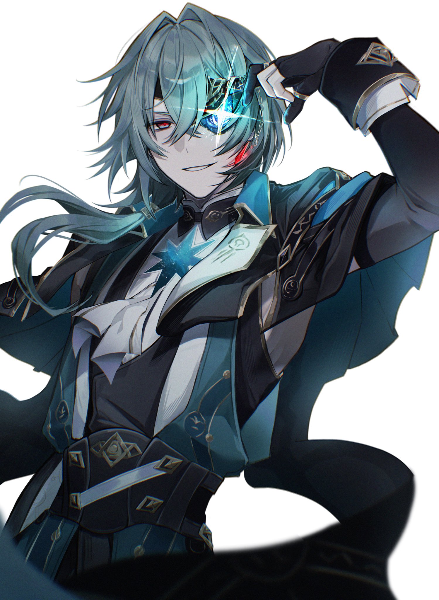anaxa (honkai: star rail), honkai: star rail, honkai (series), highres, 1boy, aqua hair, black corset, black jacket, chain, corset, earrings, eyepatch, gem, grin, hair between eyes, hair intakes, hand up, icestar 9, jacket, jewelry, lapels, looking at viewer, male focus, mandarin collar, medium hair, notched lapels, red gemstone, shirt, side ponytail, simple background, single earring, smile, solo, teeth, white background, white shirt