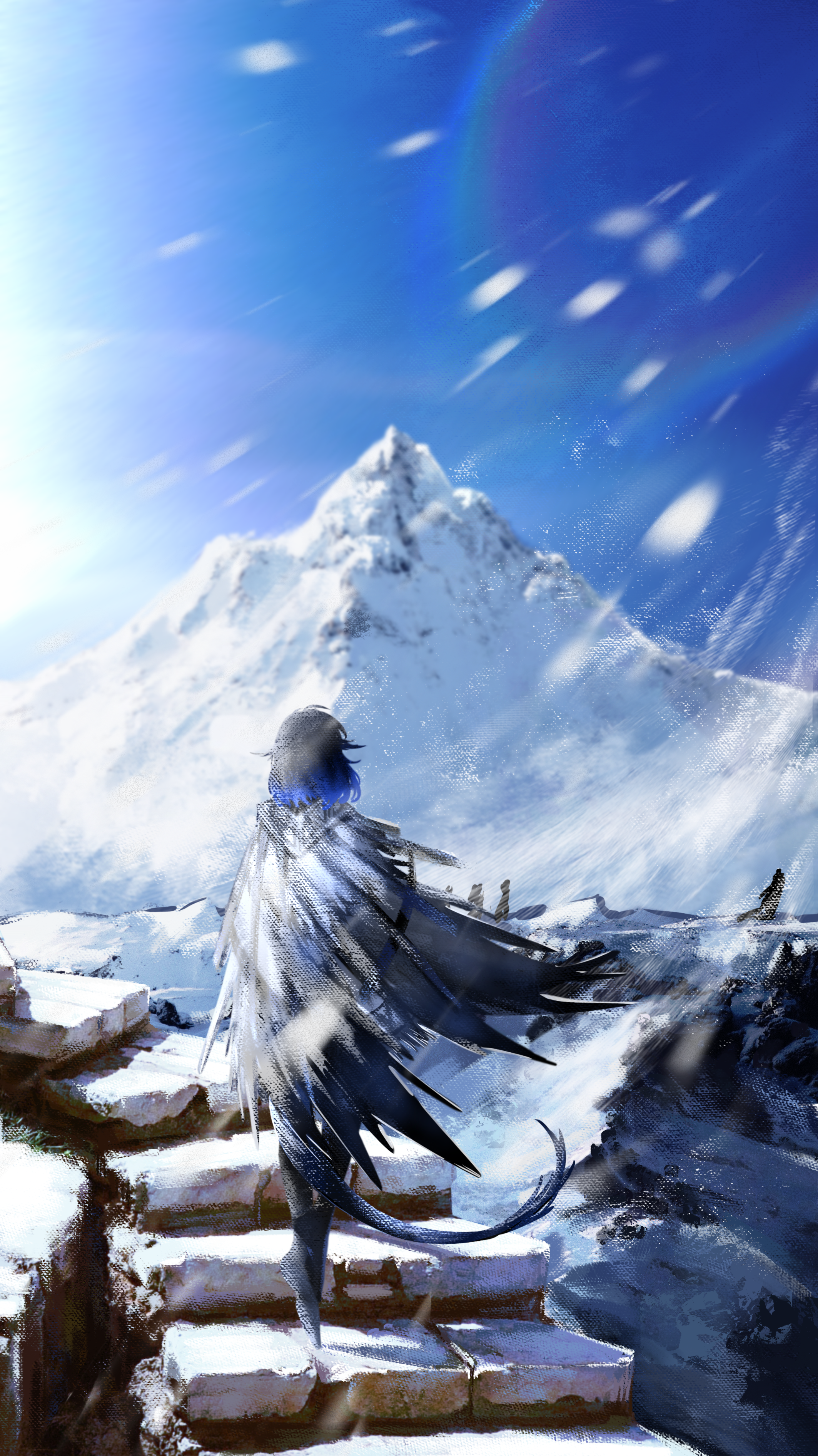 anz1105, kjera (arknights), arknights, absurdres, chinese commentary, highres, 1girl, animal ears, bird ears, bird girl, bird tail, black hair, black shoes, blue hair, cloak, day, facing away, from behind, full body, gradient hair, hood, hood down, hooded cloak, mountain, multicolored hair, on stairs, outdoors, scenery, shoes, short hair, snowing, solo, stairs, standing, tail, white cloak