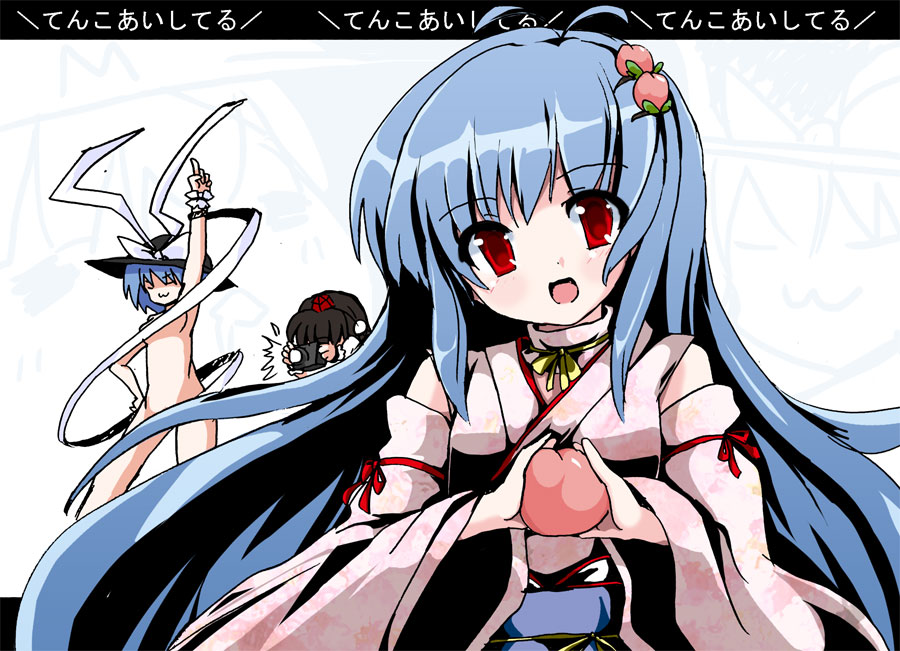 fa no hito, hinanawi tenshi, nagae iku, shameimaru aya, saturday night fever, touhou, translated, 3girls, :3, black hair, blue hair, camera, censored, convenient censoring, detached sleeves, female focus, food, fruit, hand on own hip, hat, head tilt, holding, holding food, holding fruit, japanese clothes, kimono, looking at viewer, multiple girls, no headwear, nude, peach, red eyes, ribbon, smile, upper body