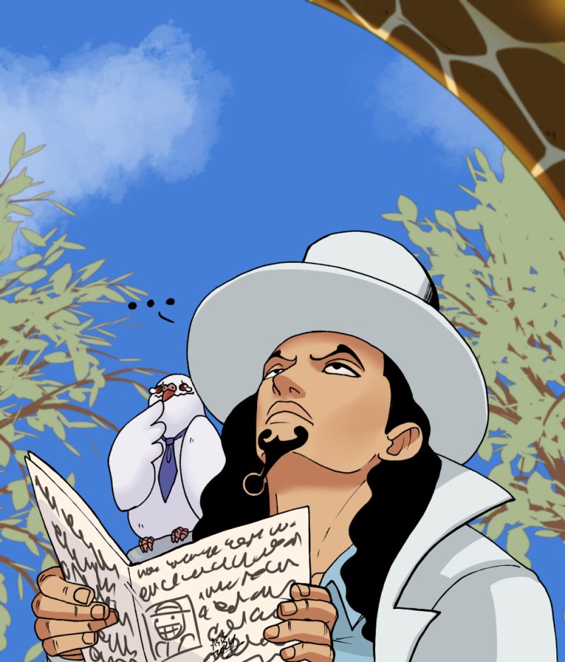 dragonasis, hattori (one piece), kaku (one piece), rob lucci, one piece, commentary, english commentary, 2boys, animal, animal on shoulder, bird, bird on shoulder, black hair, blue shirt, facial hair, giraffe, goatee, hat, holding, laughing, long hair, looking up, multiple boys, necktie, outdoors, shirt, tears, white hat