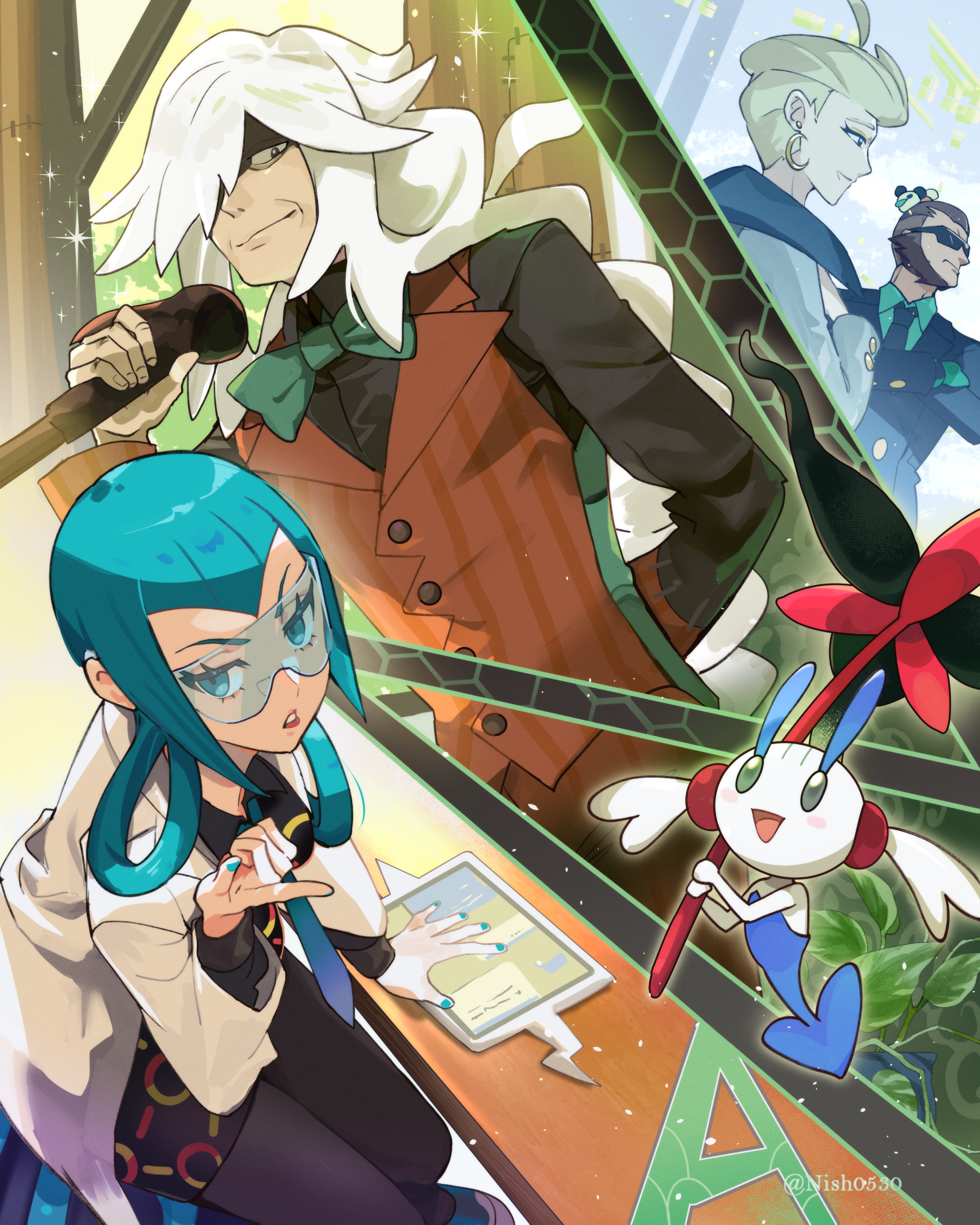 hsin, az (pokemon), floette, floette (eternal), jett (pokemon), mable (pokemon), rotom, rotom phone, vinnie (pokemon), nintendo, pokemon, pokemon legends: z-a, absurdres, highres, 2boys, 2girls, black jacket, black shirt, black suit, blonde hair, blue eyes, blue hair, blue nails, blush, breasts, brown hair, cane, closed mouth, coat, dress, earrings, facial hair, flower, formal clothes, gen 4 pokemon, gen 6 pokemon, glasses, gloves, green shirt, hair over one eye, hair rings, holding, holding cane, holding flower, jacket, jewelry, lab coat, lipstick, long hair, long sideburns, long sleeves, looking at viewer, makeup, mature female, multiple boys, multiple girls, muscular, muscular male, mutton chops, necktie, open clothes, open coat, open mouth, orange pants, orange vest, pants, parted lips, pokemon (creature), red lips, safety glasses, shirt, short hair, sideburns, smile, suit, sunglasses, tablet pc, vest, white coat, white hair