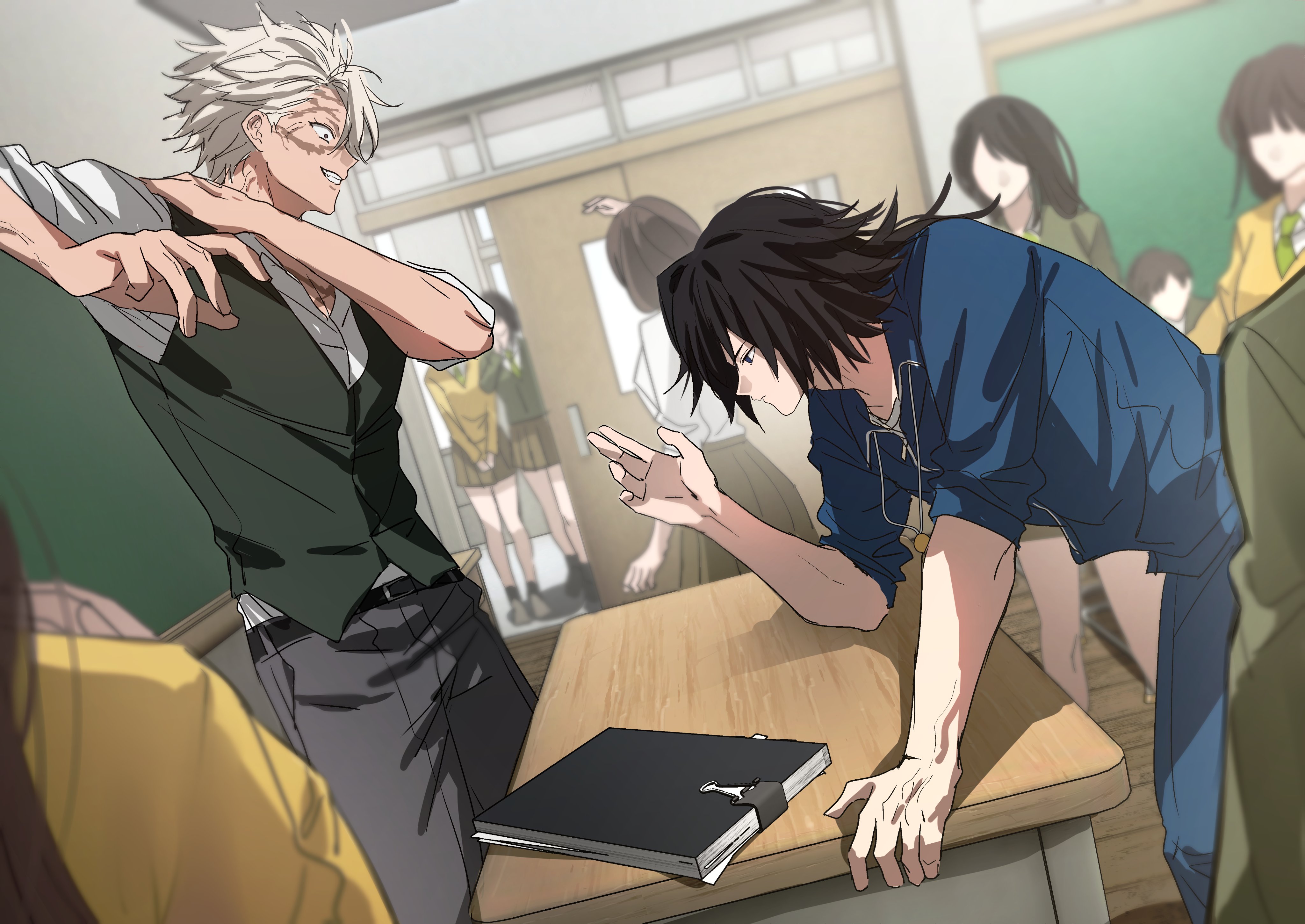 b bcollector, shinazugawa sanemi, tomioka giyuu, kimetsu no yaiba, absurdres, highres, 3boys, 6+girls, belt, black belt, black vest, blue jacket, blue pants, brown hair, classroom, green jacket, grey pants, grin, jacket, long hair, low ponytail, multiple boys, multiple girls, pants, ponytail, profile, scar, scar on face, short hair, skirt, smile, spiked hair, sweater, teeth, vest, yellow sweater