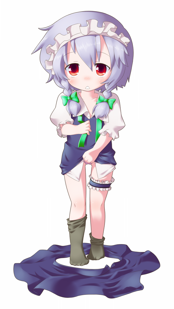 sugu maigo ninaru umumu, umumu (pilcre), izayoi sakuya, embodiment of scarlet devil, touhou, silver hair, bad id, bad pixiv id, 1girl, aged down, black socks, bottomless, braid, female focus, hair ribbon, maid, red eyes, ribbon, short hair, simple background, socks, solo, triangle mouth, twin braids, undressing