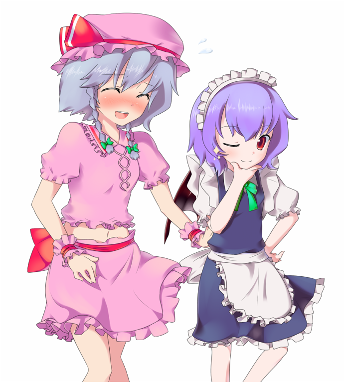 sugu maigo ninaru umumu, umumu (pilcre), izayoi sakuya, remilia scarlet, embodiment of scarlet devil, touhou, silver hair, bad id, bad pixiv id, 2girls, bat wings, blush, braid, cosplay, costume switch, female focus, hair ribbon, hand on own hip, hat, hip focus, izayoi sakuya (cosplay), maid, midriff, multiple girls, one eye closed, red eyes, remilia scarlet (cosplay), ribbon, short hair, twin braids, vampire, wings, wink