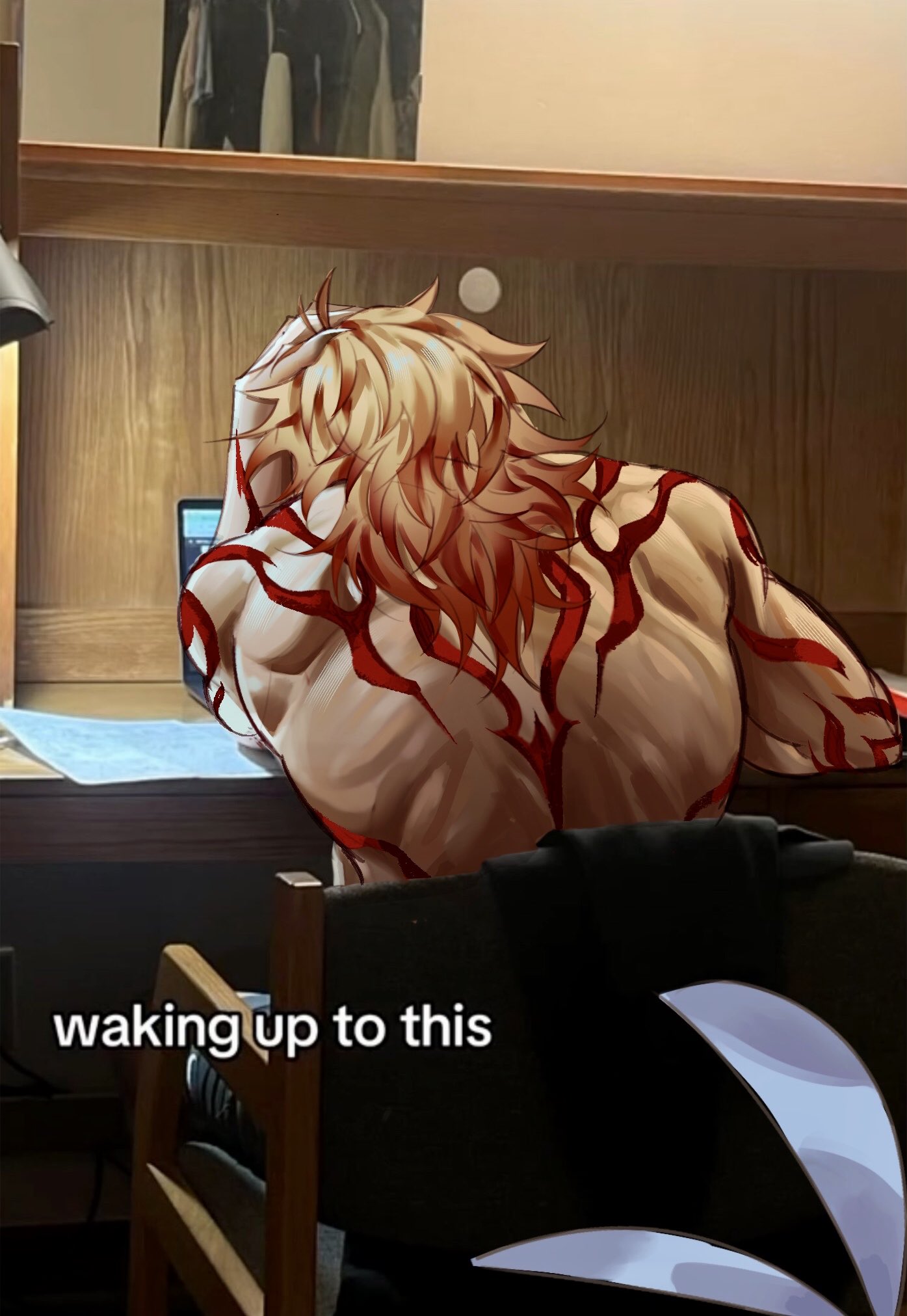 mydei (honkai: star rail), phainon (honkai: star rail), honkai: star rail, honkai (series), commentary, english commentary, highres, 1boy, antenna hair, arm tattoo, back, back tattoo, blonde hair, computer, english text, from behind, gradient hair, hand on own head, laptop, male focus, medium hair, meme, multicolored hair, out of frame, red hair, red tattoo, rilooo, sitting, solo, tattoo, topless male, two-tone hair, waking up to this (meme)