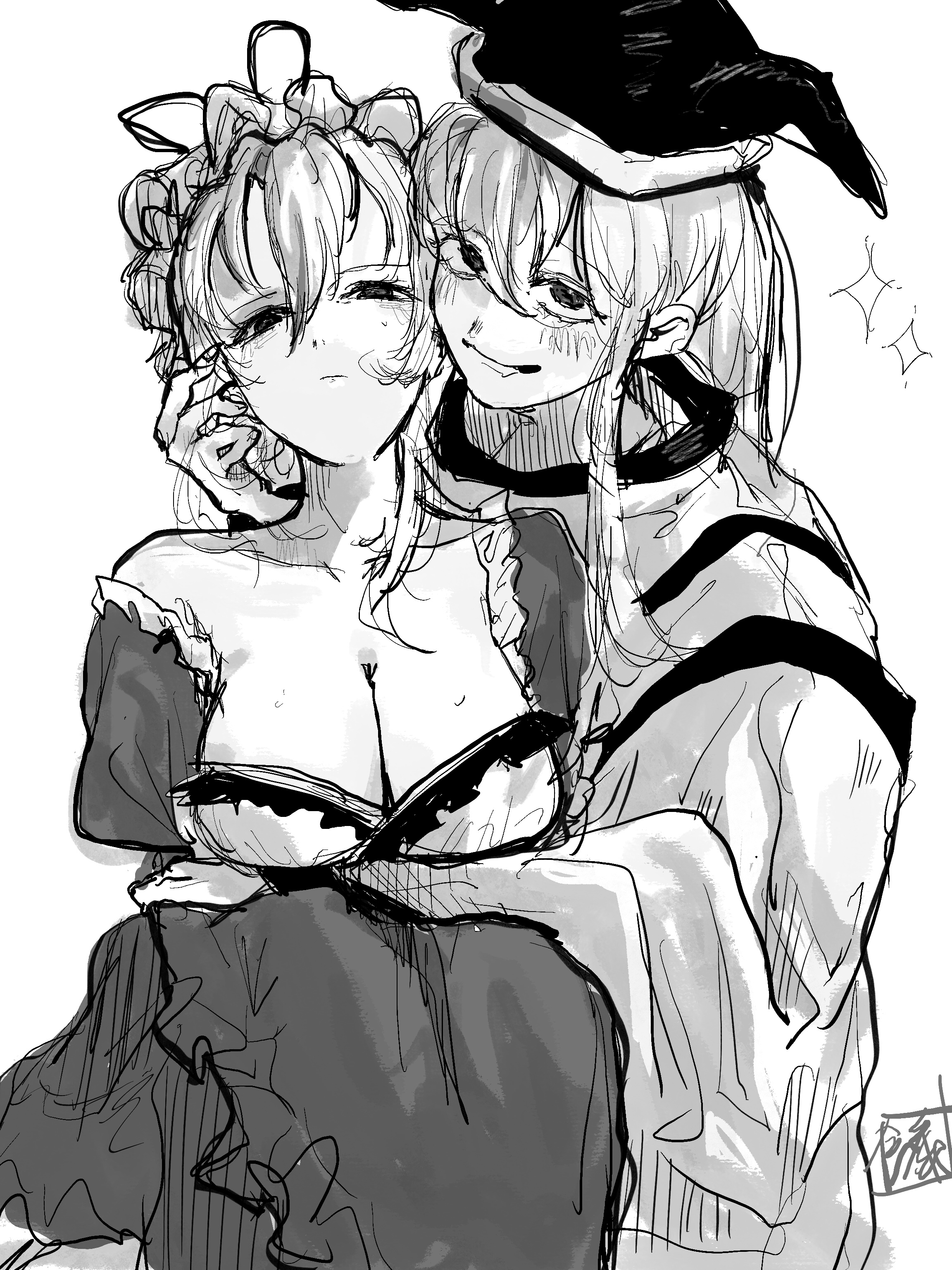 sokura (mochichitose), matara okina, yakumo yukari, touhou, absurdres, commentary request, highres, 2girls, bra, breasts, cheek-to-cheek, cleavage, closed mouth, collarbone, detached sleeves, dress, expressionless, frills, hair between eyes, hand in another's hair, hat, heads together, large breasts, long hair, long sidelocks, looking at viewer, mob cap, monochrome, multiple girls, pulling another's clothes, sidelocks, single bare shoulder, sketch, smile, tabard, underwear, undressing another, white background, yuri