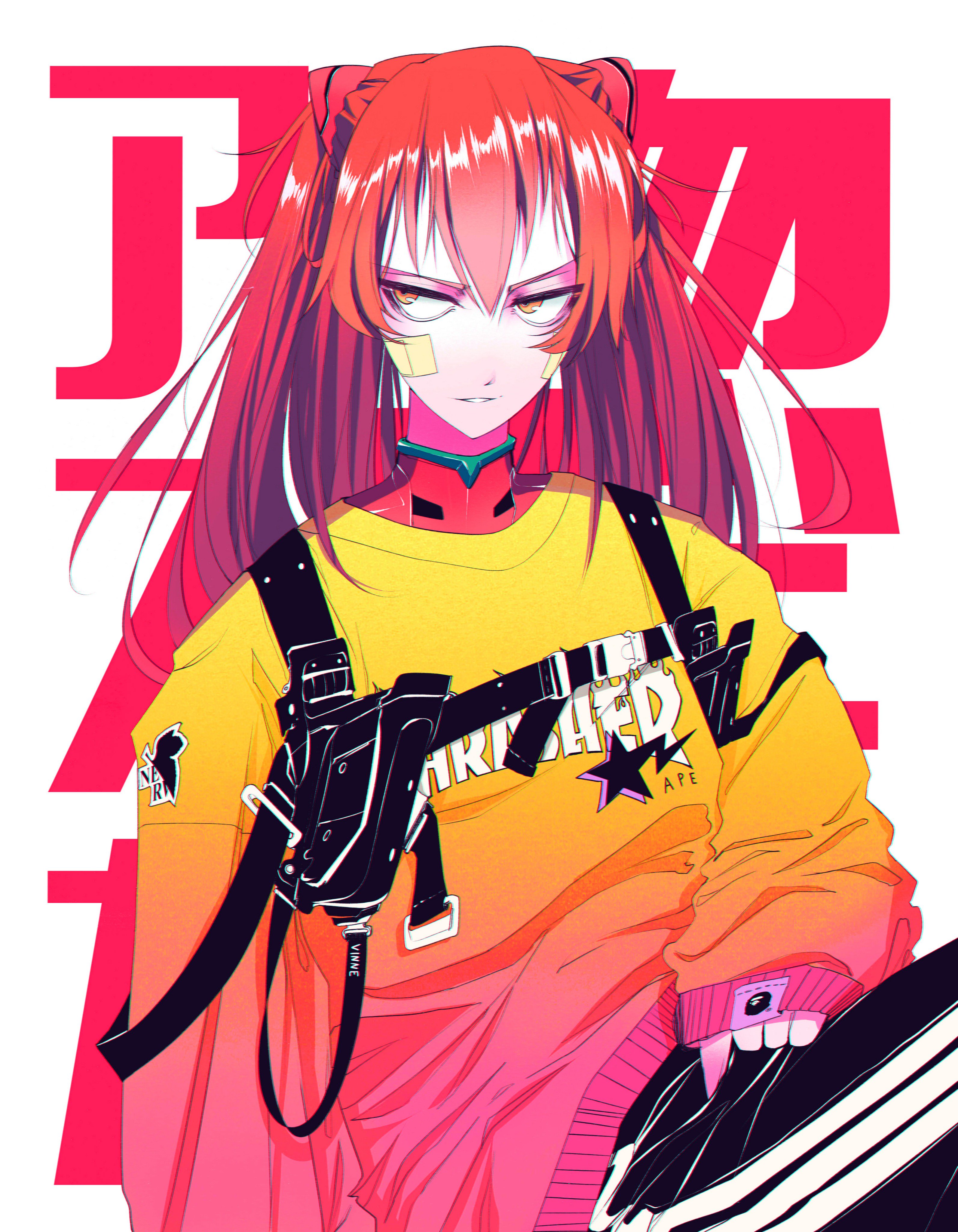 vinne, souryuu asuka langley, neon genesis evangelion, absurdres, bad id, bad twitter id, commentary, english commentary, highres, 1girl, alternate costume, bandaid, bandaid on cheek, bandaid on face, bodysuit, bodysuit under clothes, gradient sweater, holster, interface headset (evangelion), long hair, looking at another, mecha pilot suit, plugsuit (evangelion), print sweater, product placement, red bodysuit, red hair, sleeves past wrists, solo, sweater, upper body