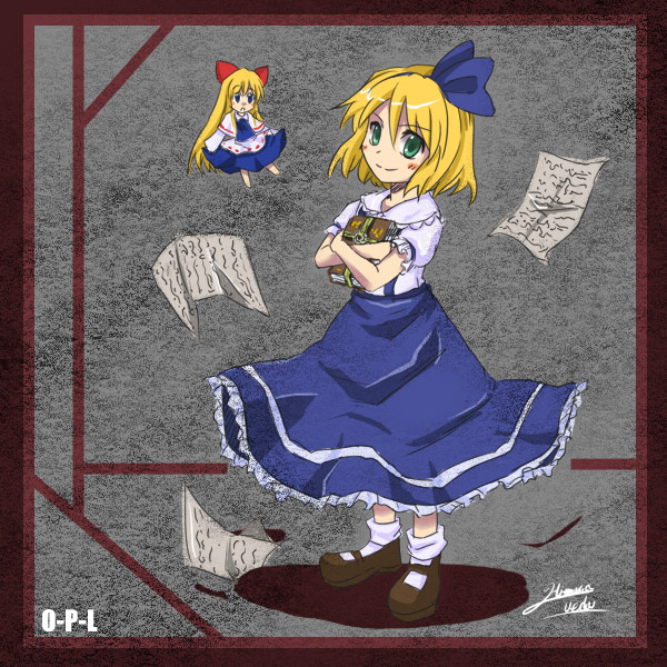hiromasa, alice margatroid, alice margatroid (pc-98), shanghai doll, mystic square, touhou, touhou (pc-98), bad id, bad pixiv id, 1girl, blonde hair, book, female focus, green eyes, hairband, holding, holding book, paper, ribbon, solo