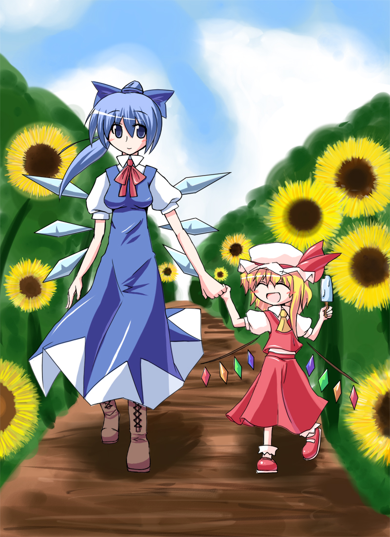 kuraryu, cirno, cirno-nee, flandre scarlet, embodiment of scarlet devil, touhou, cross-laced footwear, bad id, bad pixiv id, 2girls, :d, ^ ^, aged up, alternate hairstyle, ascot, blonde hair, blue dress, blue eyes, blue hair, blush stickers, boots, bow, breasts, closed eyes, cloud, day, dress, female focus, flower, food, hair bow, hair ribbon, happy, hat, hat bow, height difference, holding hands, impossible clothes, impossible dress, large bow, medium breasts, multiple girls, one side up, open mouth, ponytail, popsicle, ribbon, side ponytail, skirt, skirt set, sky, smile, sunflower, wings