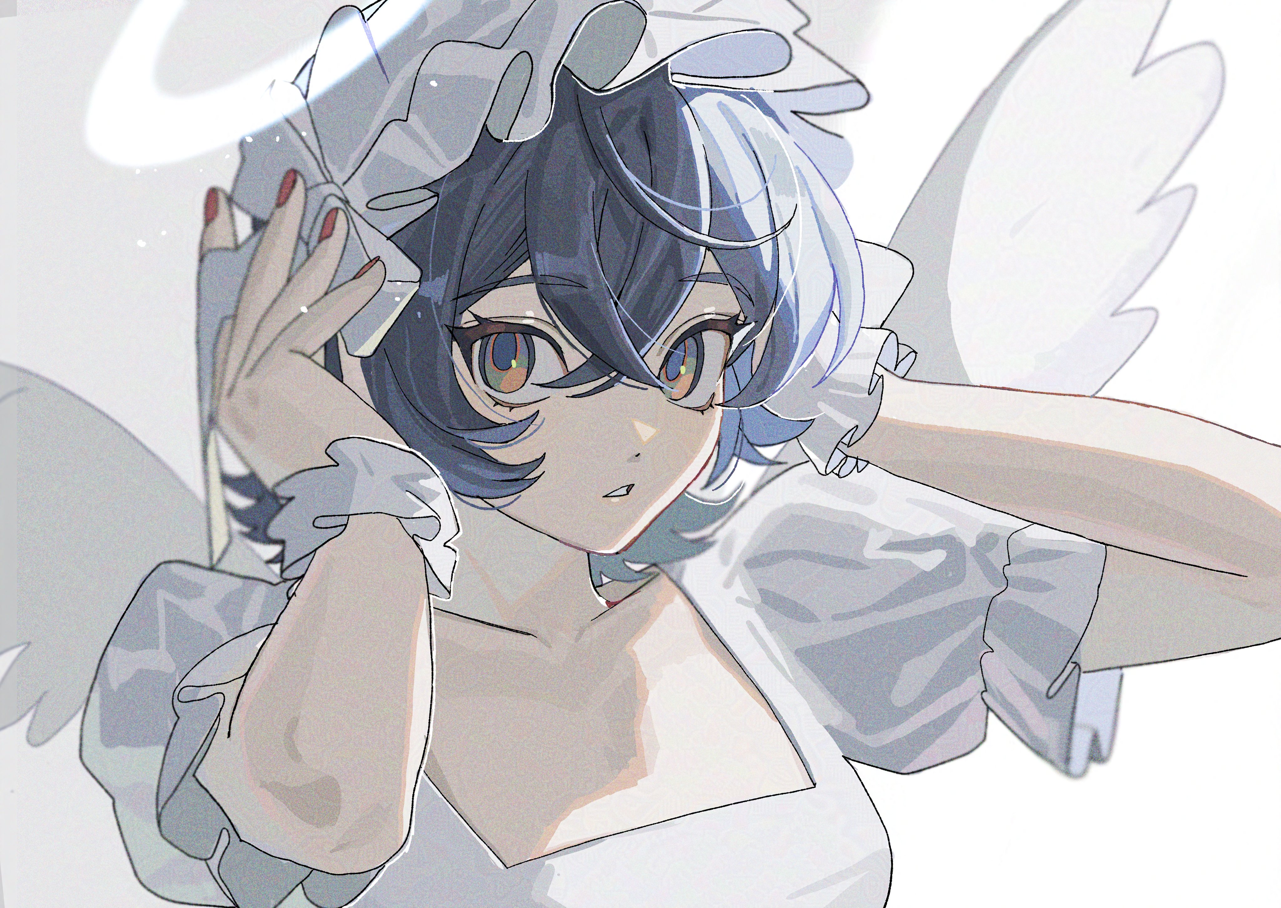 pd honey, belle (zenless zone zero), zenless zone zero, absurdres, highres, 1girl, adjusting clothes, adjusting headwear, alternate costume, blue hair, blue pupils, breasts, collarbone, dress, halo, juliet sleeves, long sleeves, looking up, medium breasts, parted lips, puffy sleeves, red nails, short hair, simple background, solo, upper body, white background, white dress, white wings, white wrist cuffs, wings, wrist cuffs
