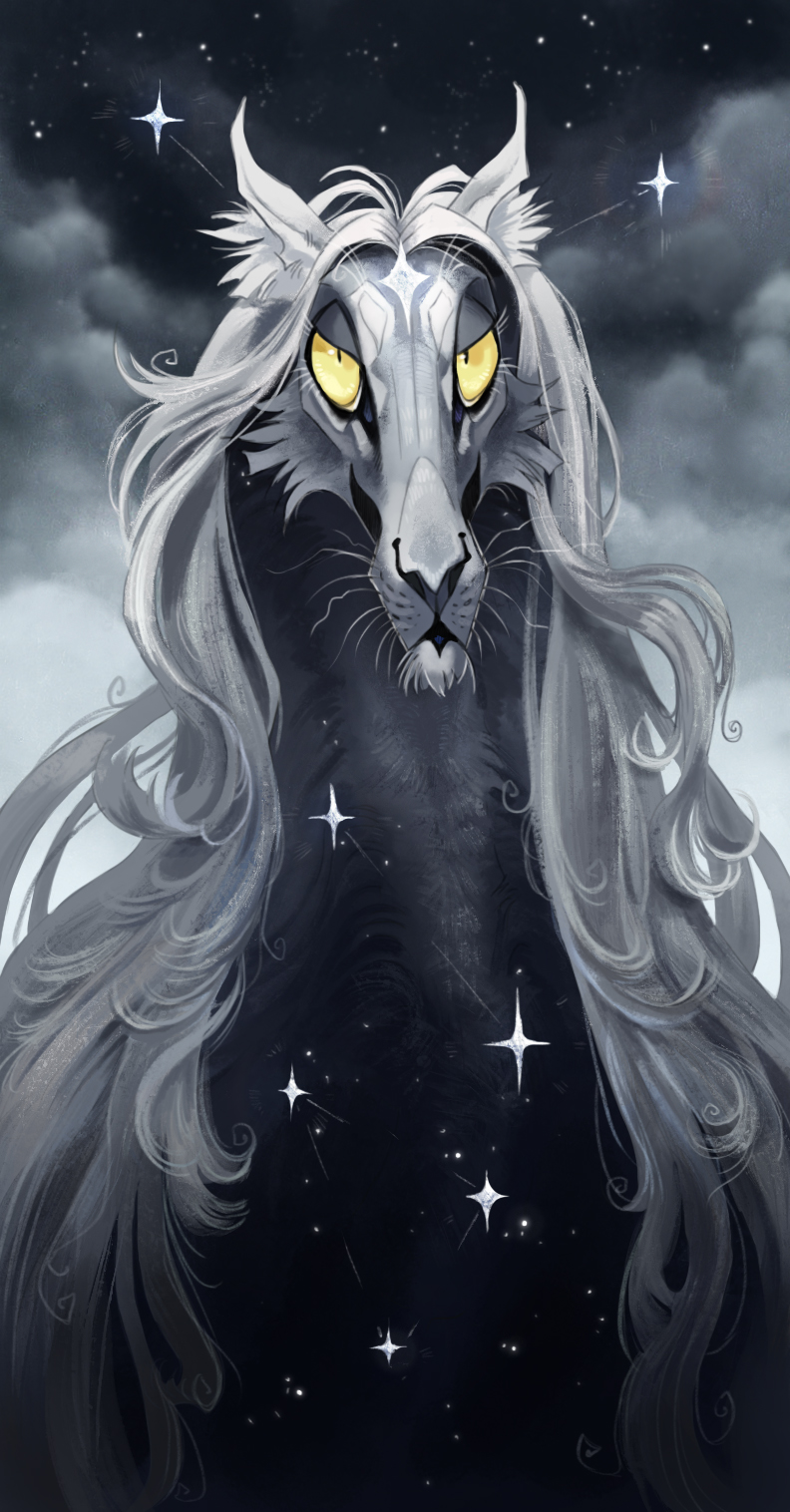 original, highres, animal, animal focus, closed mouth, cloud, cloudy sky, creature, grey fur, grey theme, long hair, no humans, portrait, sky, solo, star (sky), star (symbol), tischeritsa, very long hair, wavy hair, yellow eyes