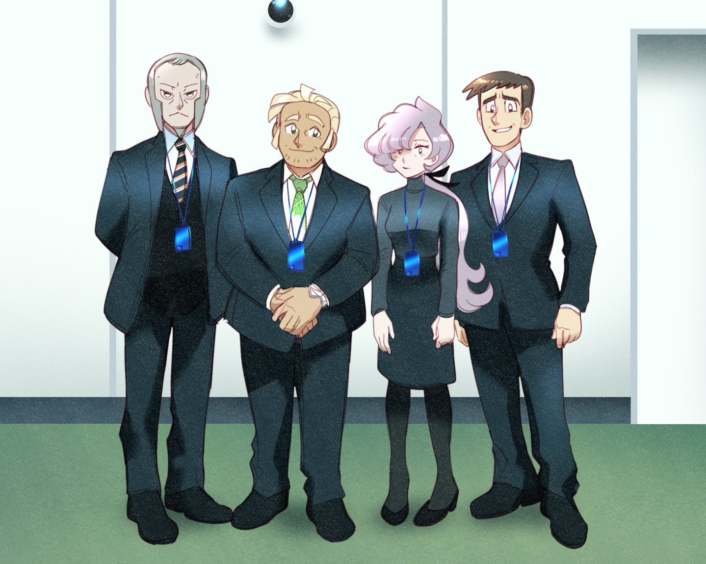 vergolophus, anabel (pokemon), ingo (pokemon), looker (pokemon), mohn (pokemon), nintendo, pokemon, pokemon legends: arceus, pokemon oras, pokemon sm, severance (series), 1girl, 3boys, arms behind back, blonde hair, facial hair, full body, goatee, green necktie, grey hair, long hair, looking at viewer, multiple boys, necktie, purple hair, purple necktie, z-ring