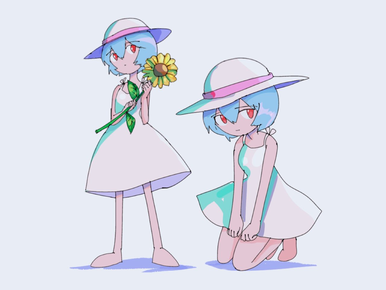 swirl9017, ayanami rei, neon genesis evangelion, bad id, bad twitter id, 1girl, barefoot, blue hair, dress, flower, full body, hat, holding, holding flower, kneeling, looking at viewer, multiple views, red eyes, short hair, standing, sundress, sunflower, white hat