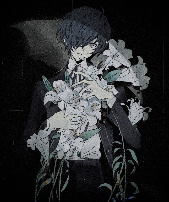 yuuki makoto (persona 3), persona, persona 3, white lily, 1boy, black background, black jacket, black pants, black ribbon, blue hair, closed mouth, cowboy shot, dark, digital media player, digital walkman, dress shirt, expressionless, film grain, flower, gekkoukan high school uniform, grey eyes, hair over one eye, holding, holding flower, jacket, l8l828, lily (flower), looking at viewer, male focus, open clothes, open jacket, pants, ribbon, school uniform, shirt, short hair, simple background, solo, spotlight, walkman nw-s203f, white flower, white shirt