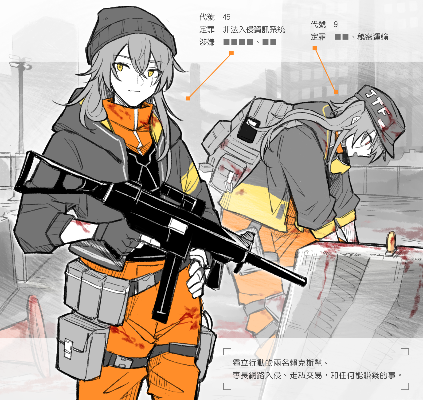 xinhao, ump45 (girls' frontline), ump9 (girls' frontline), girls' frontline, heckler & koch, tom clancy's the division, highres, 2girls, backpack, bag, blood, gloves, grey hair, gun, h&k ump, hat, holding, holding gun, holding weapon, jacket, long hair, long sleeves, multicolored jacket, multiple girls, orange pants, pants, pouch, scar, scar across eye, scar on face, solo, submachine gun, tactical clothes, walkie-talkie, weapon